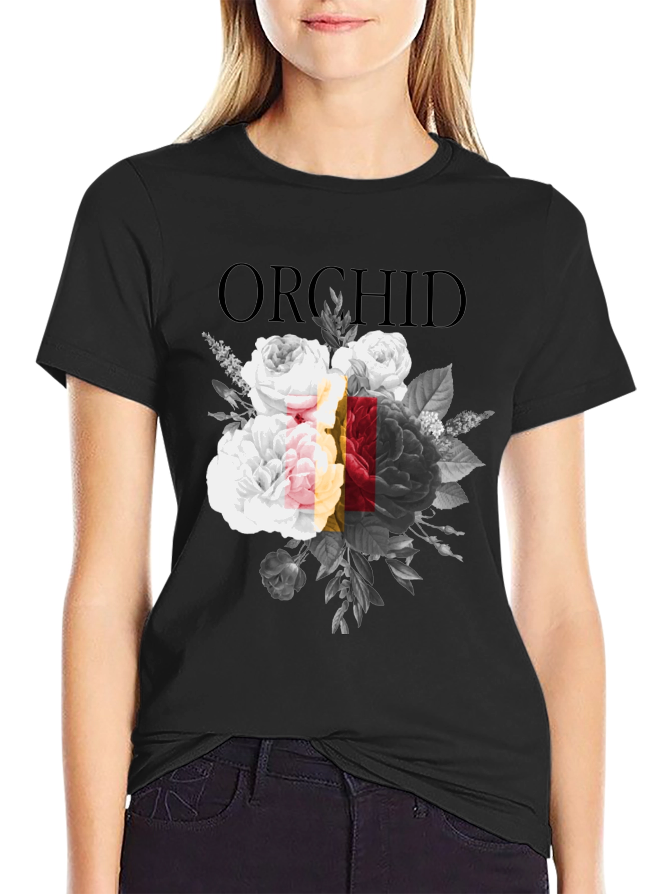 Orchid Floral Print Black Graphic T-Shirt