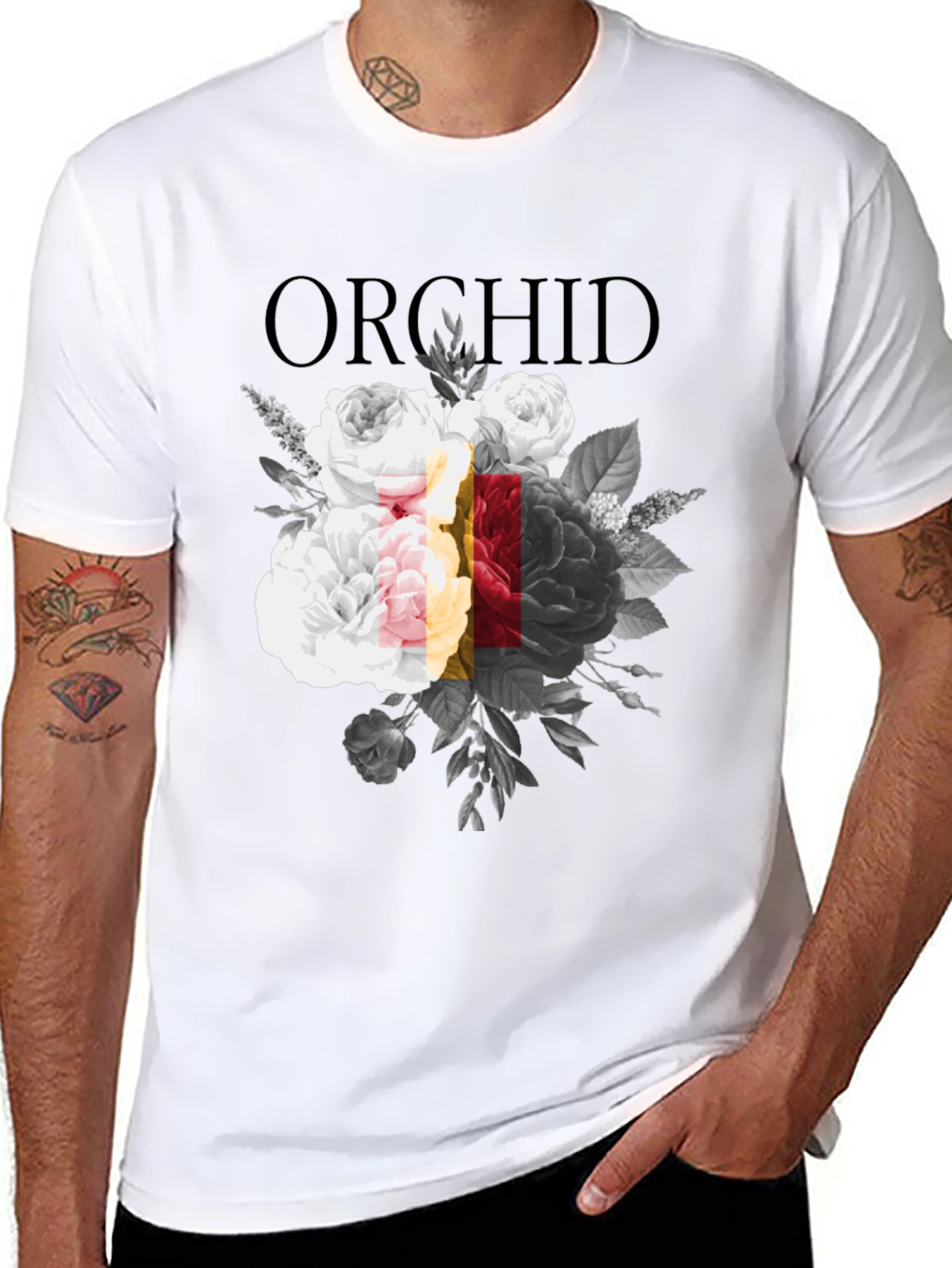 Orchid Floral Print Black Graphic T-Shirt