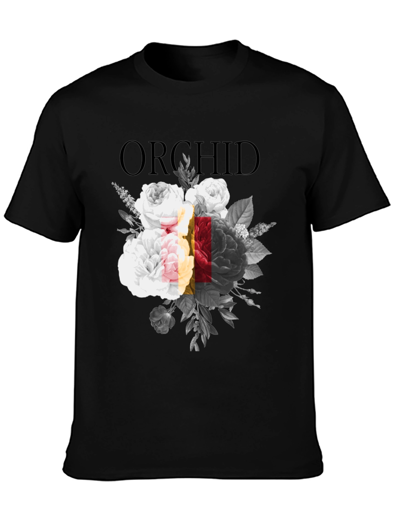 Orchid Floral Print Black Graphic T-Shirt