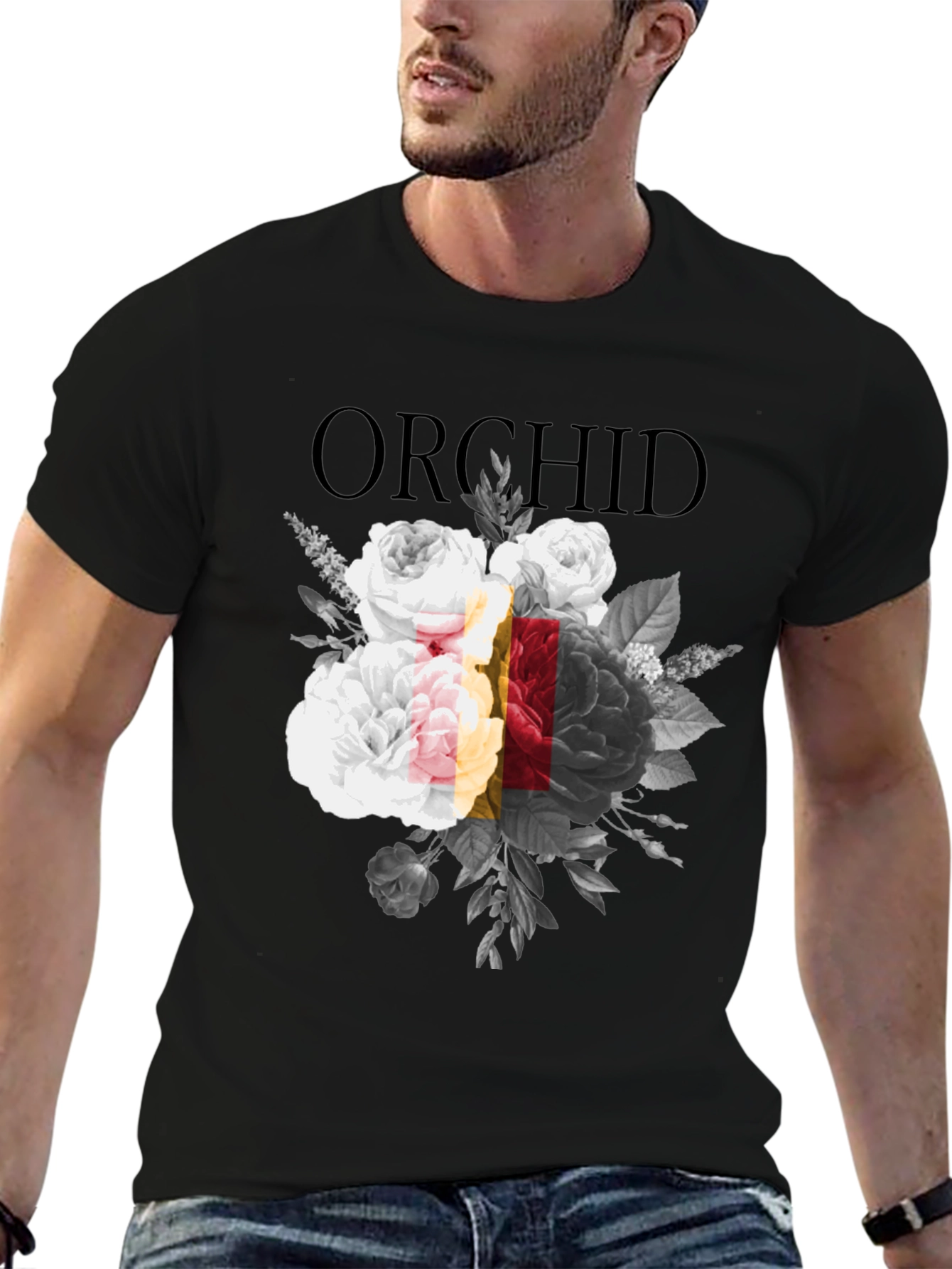 Orchid Floral Print Black Graphic T-Shirt