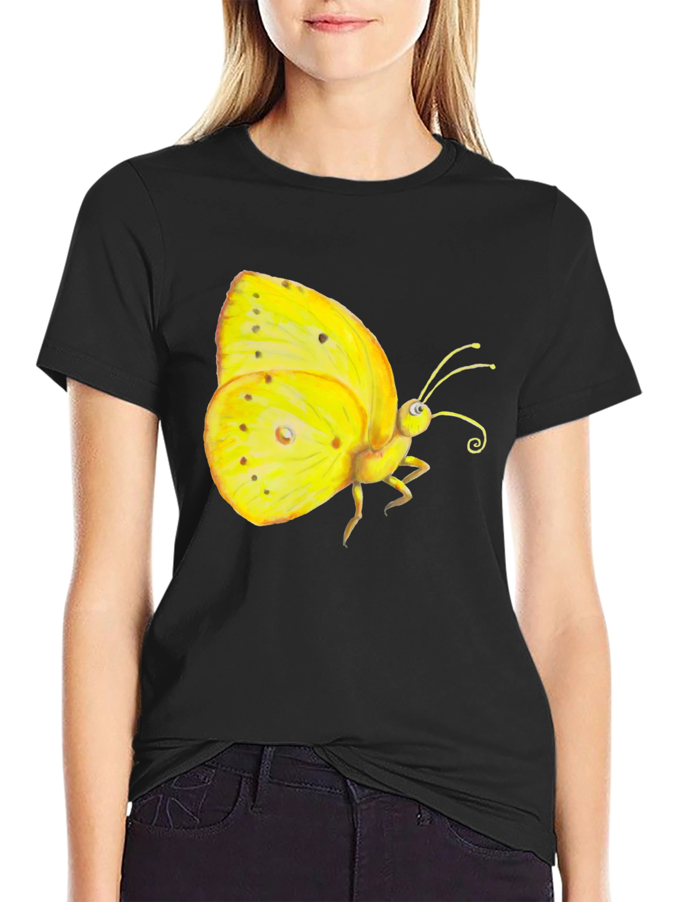 Black T-Shirt with Yellow Butterfly Graphic
