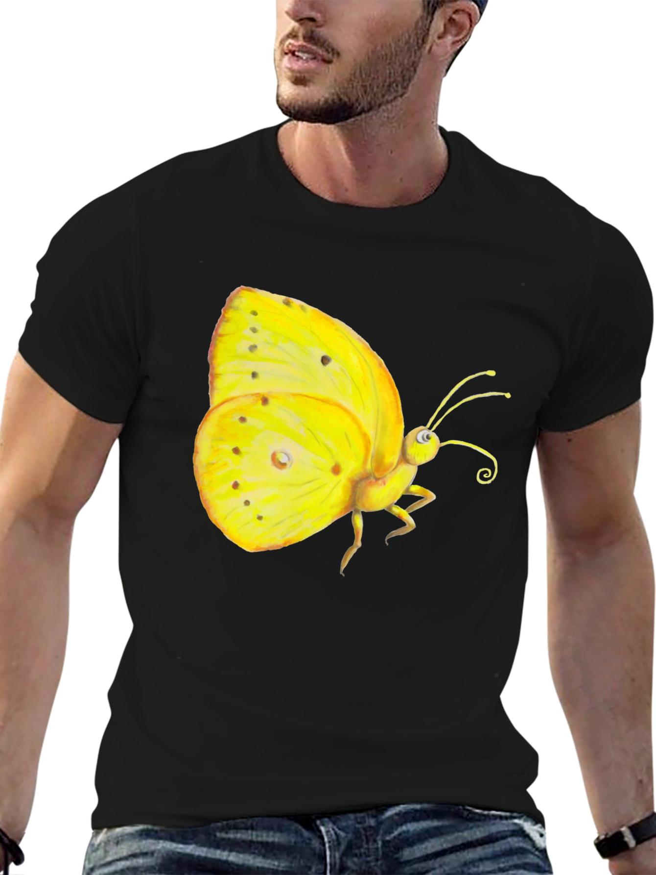 Black T-Shirt with Yellow Butterfly Graphic