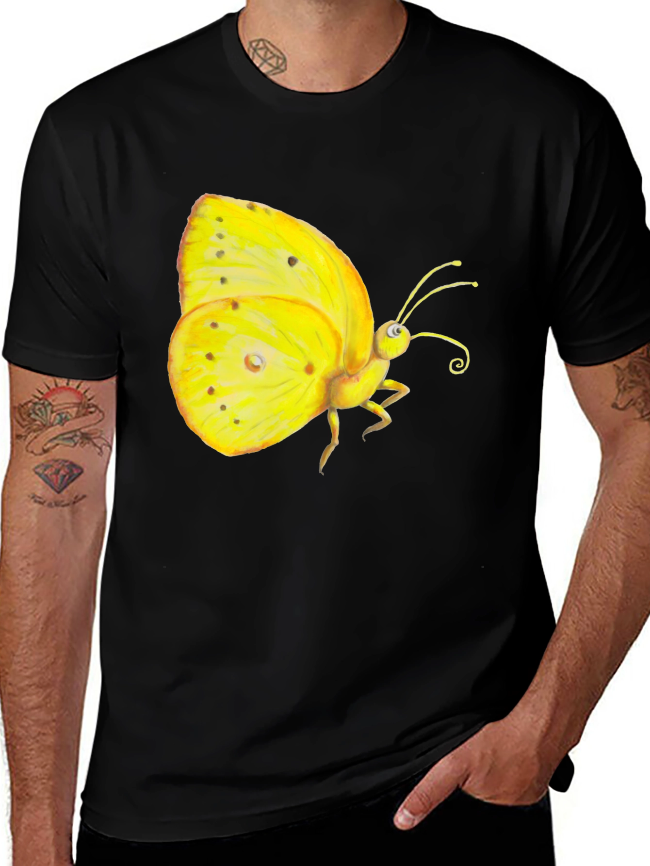 Black T-Shirt with Yellow Butterfly Graphic