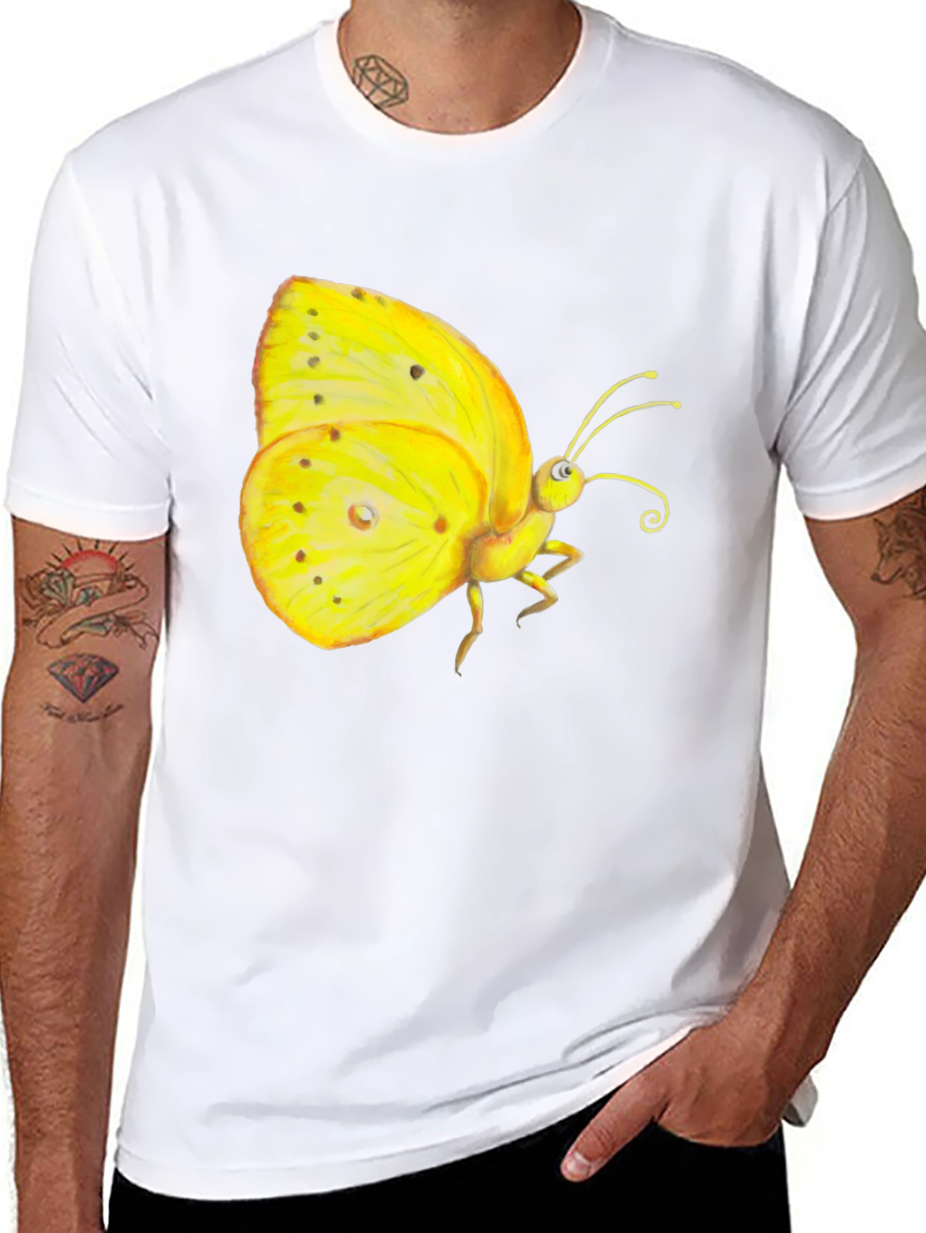Black T-Shirt with Yellow Butterfly Graphic