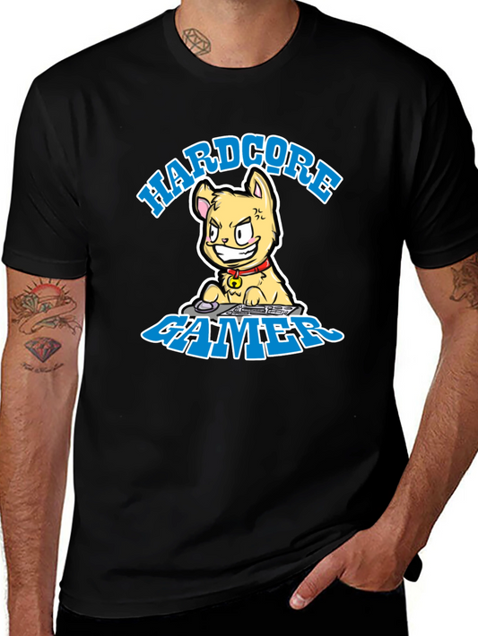 Hardcore Gamer Cat Graphic T-Shirt - Black