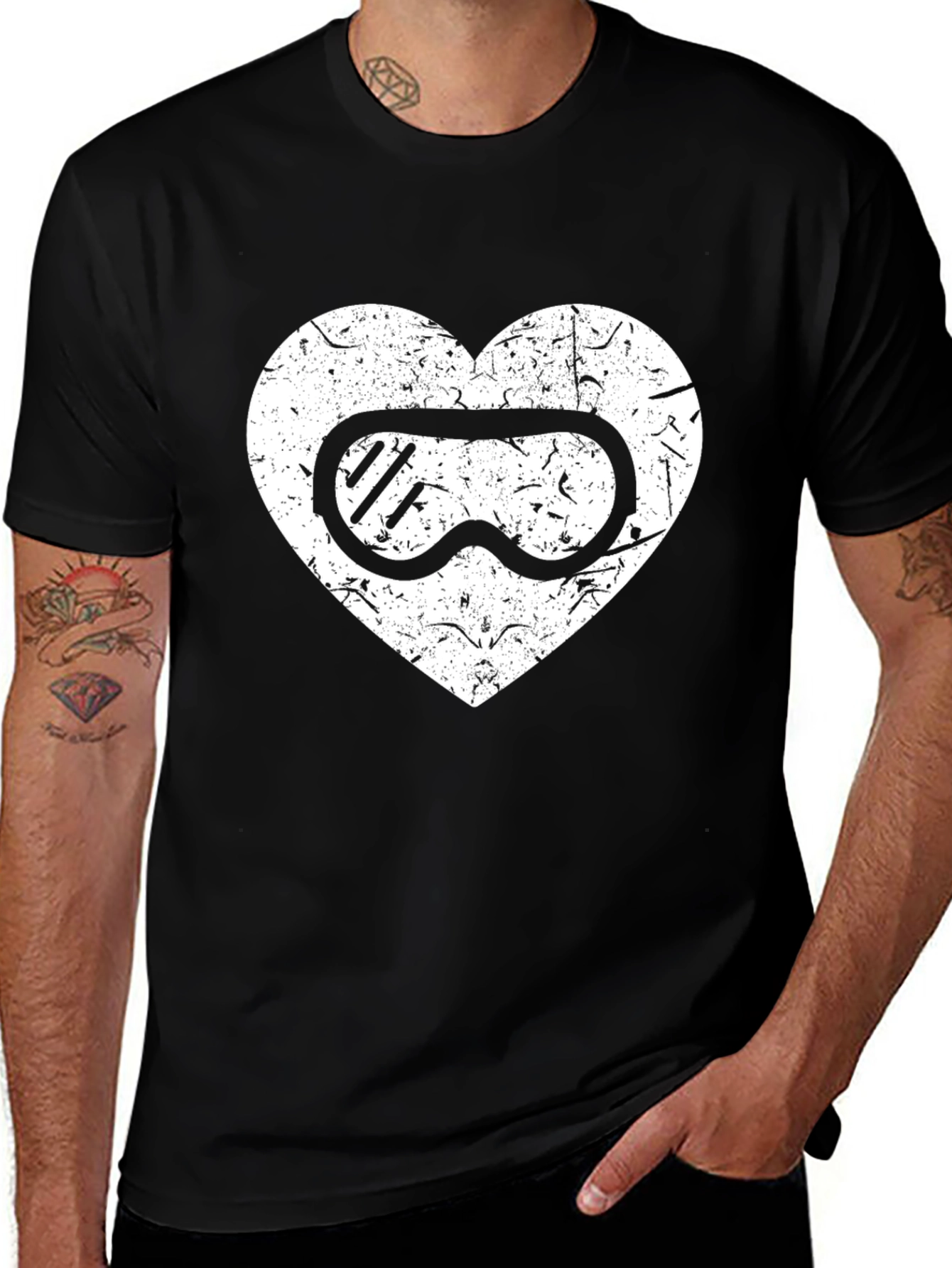 Ski Goggles Heart Graphic Tee - Black Casual T-Shirt