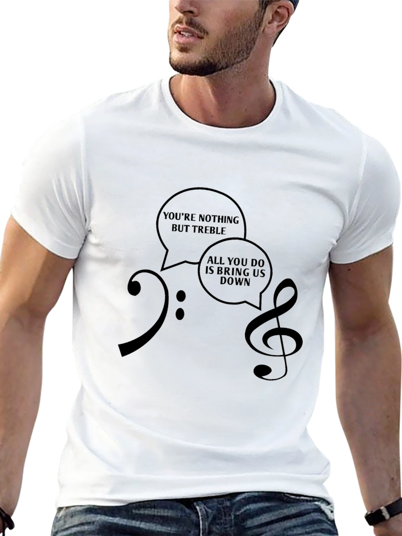 Musical Humor T-Shirt: Treble & Bass Clef Design