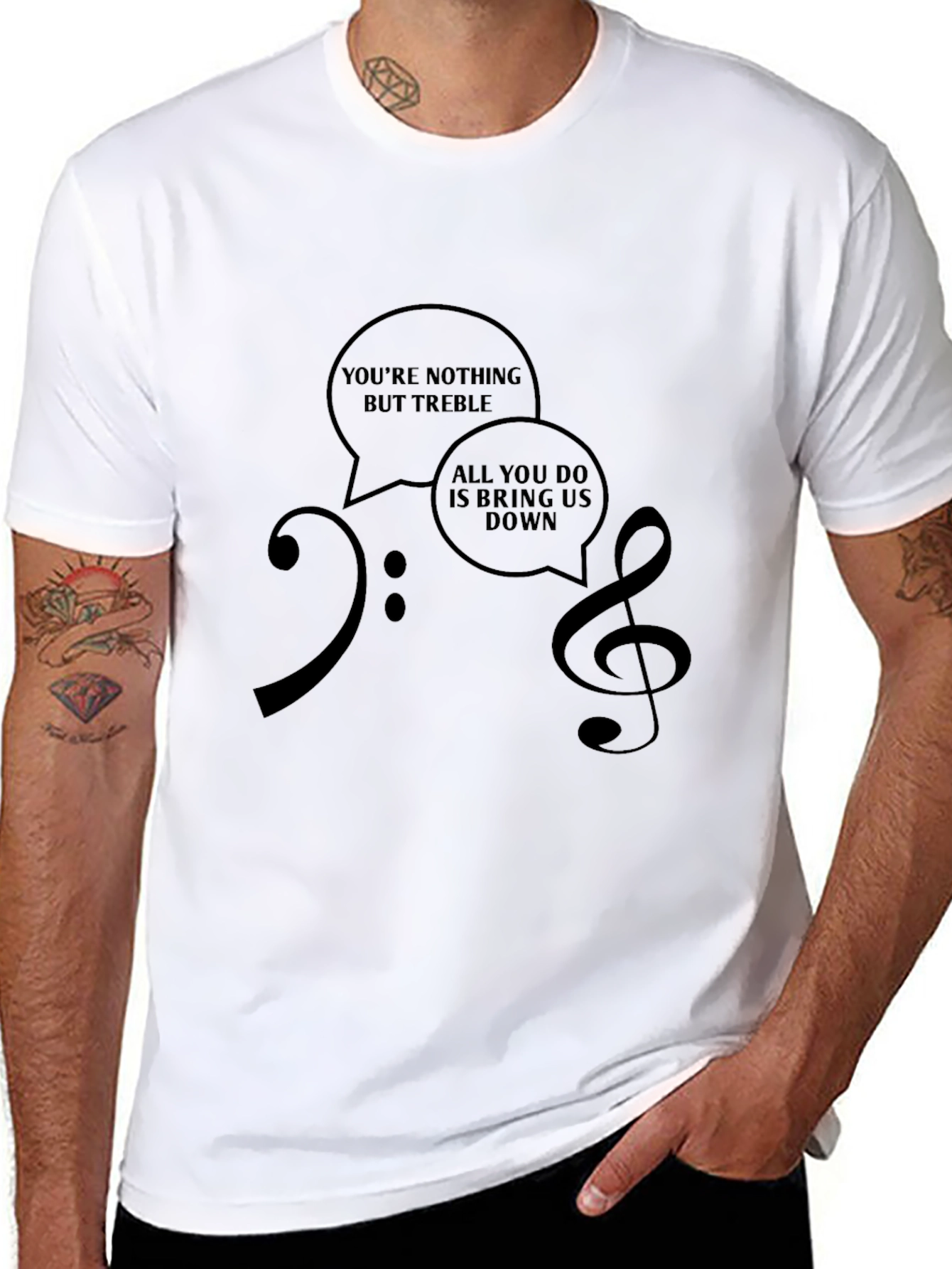 Musical Humor T-Shirt: Treble & Bass Clef Design