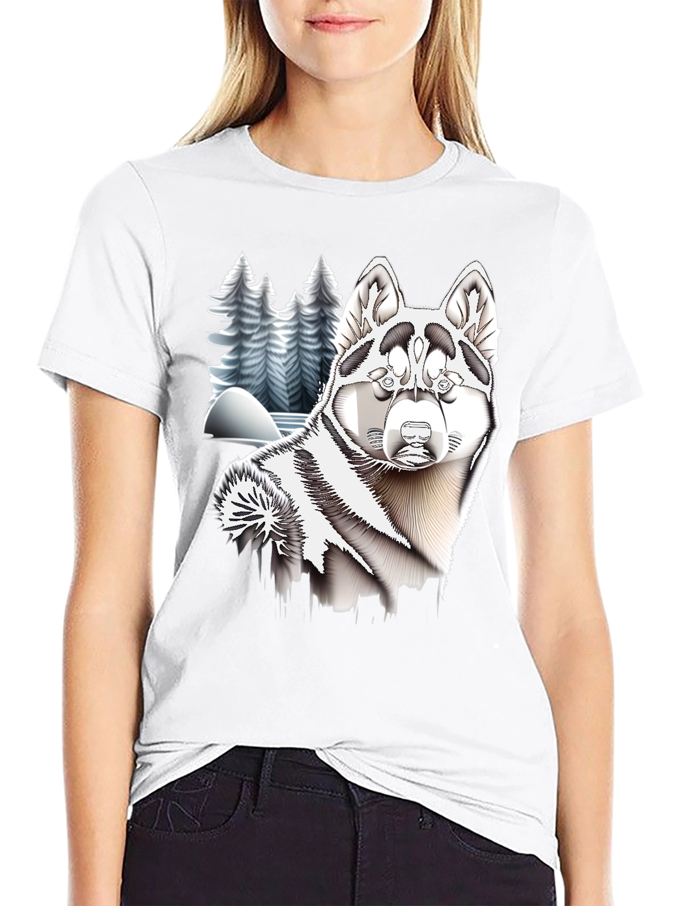 Husky Winter Scene Black T-Shirt