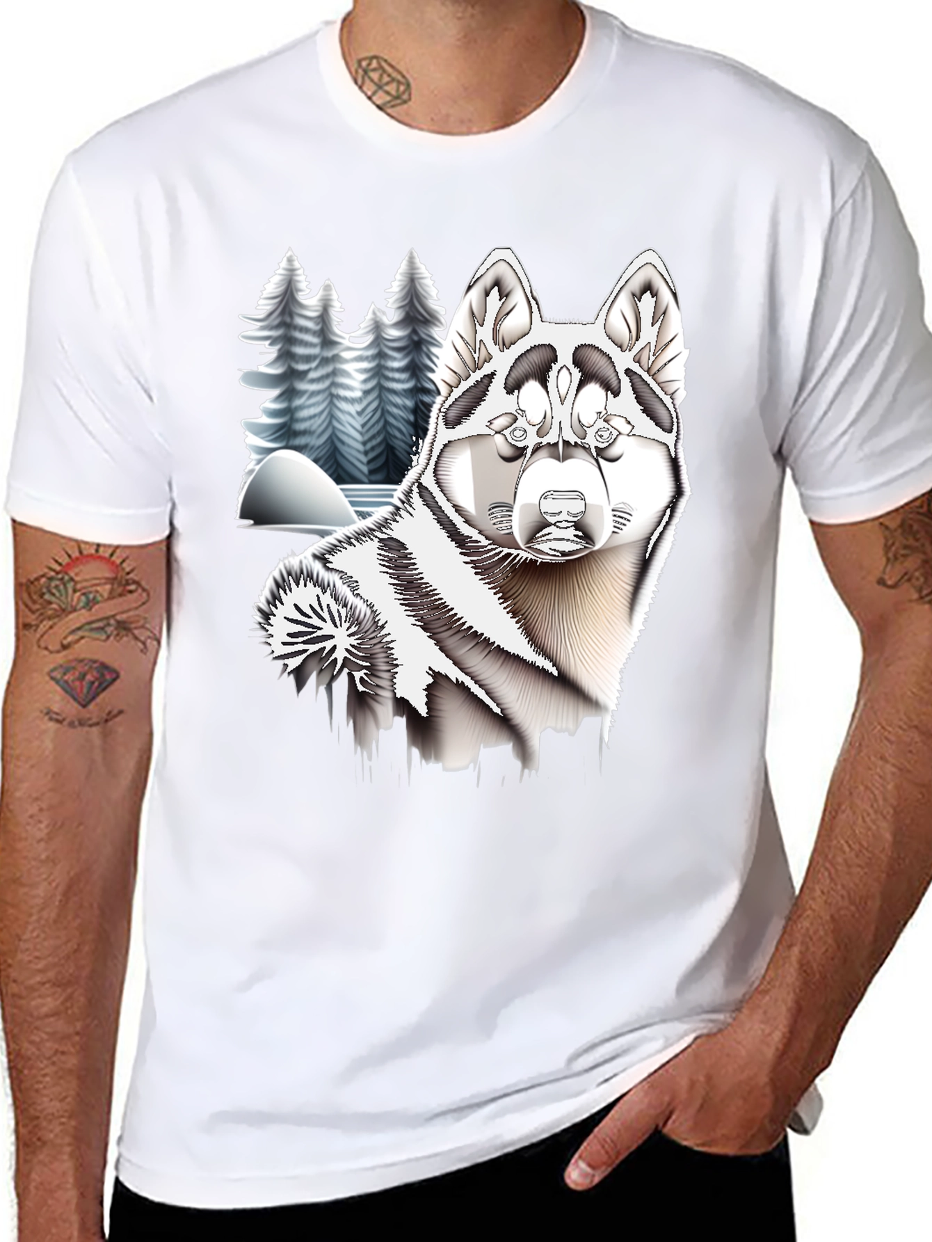 Husky Winter Scene Black T-Shirt