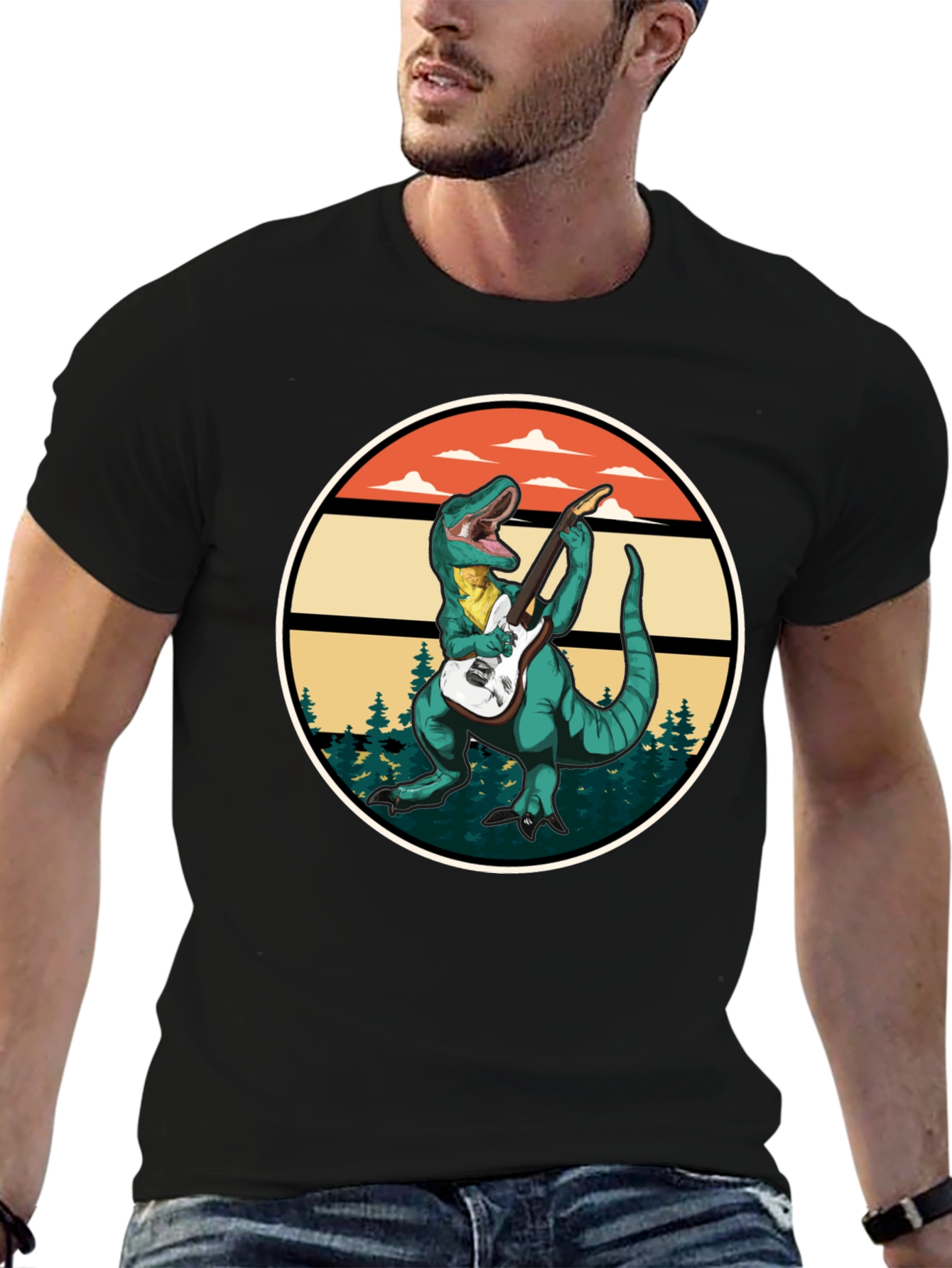 Dinosaur Guitarist T-Shirt - Retro Rock Design