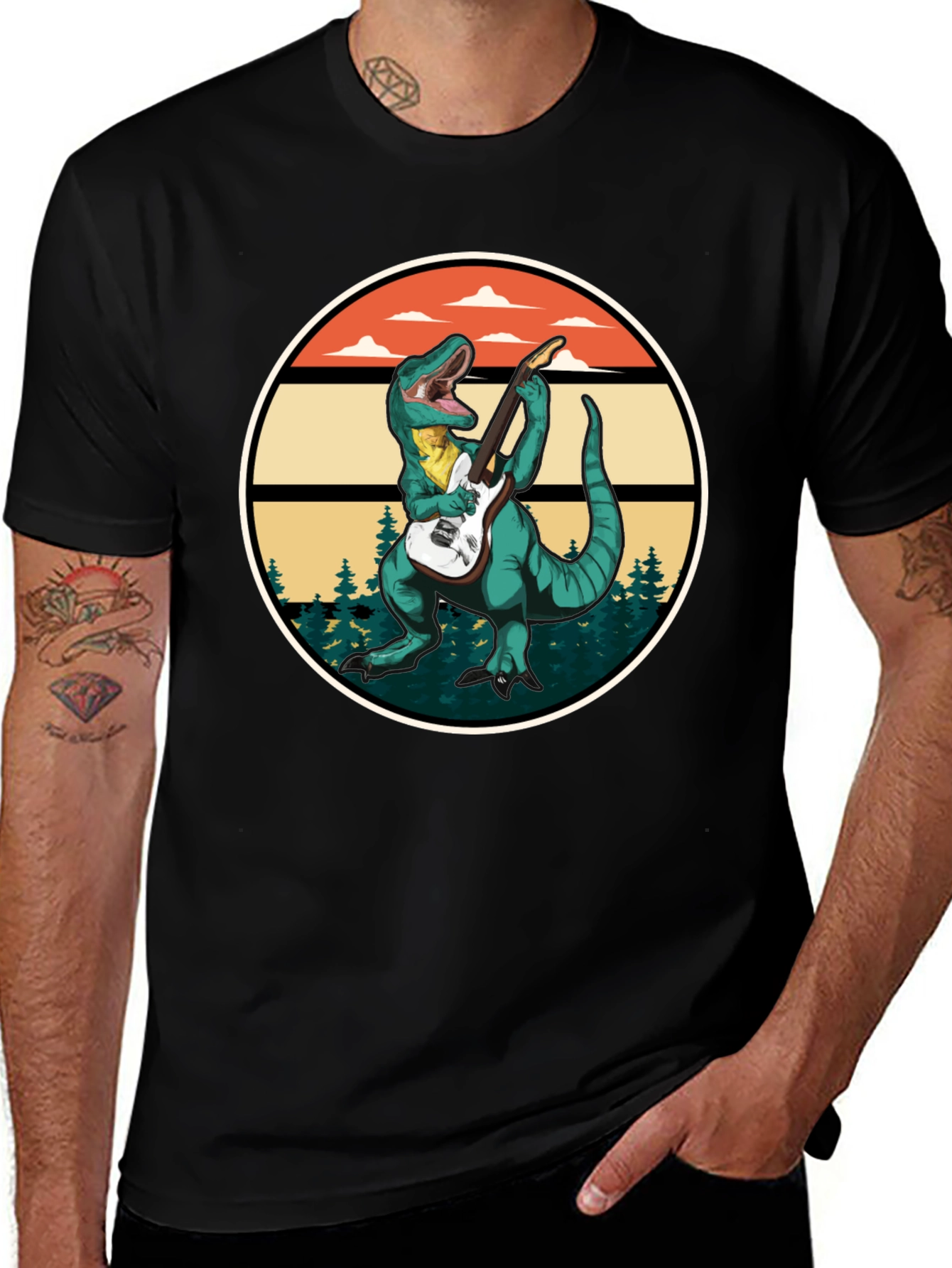 Dinosaur Guitarist T-Shirt - Retro Rock Design