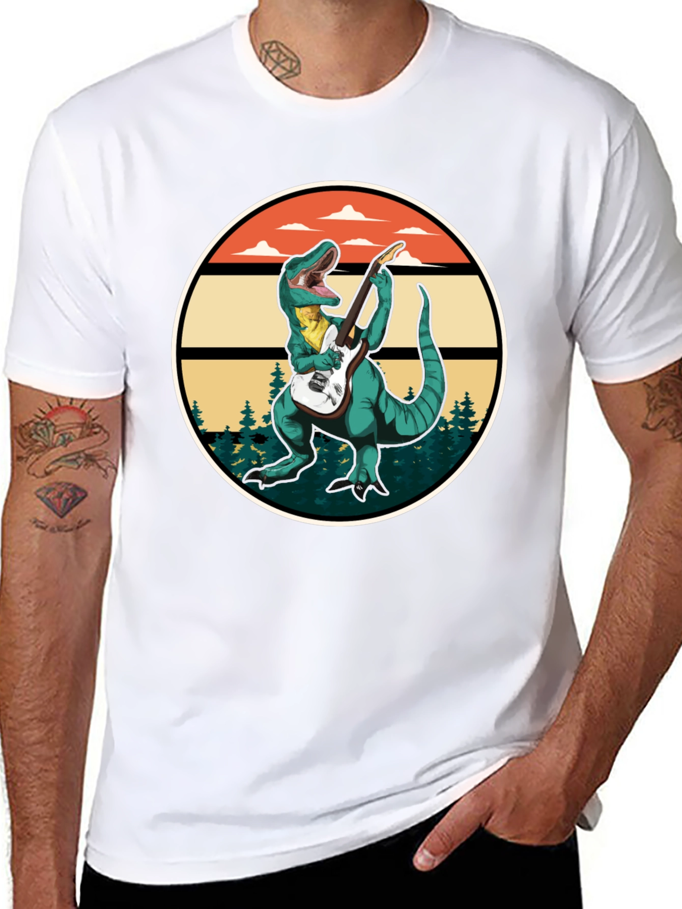 Dinosaur Guitarist T-Shirt - Retro Rock Design