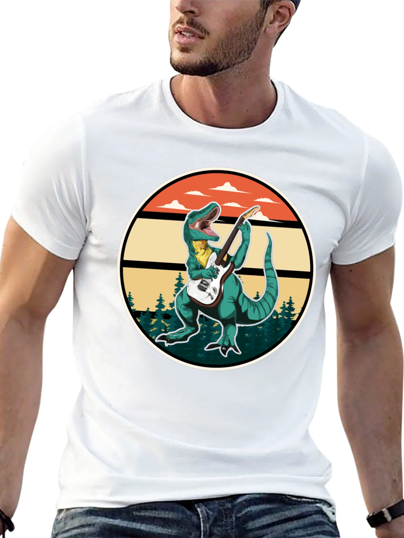 Dinosaur Guitarist T-Shirt - Retro Rock Design