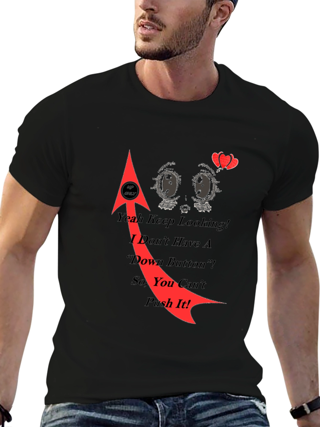 Humorous No Down Button Graphic Tee - Black