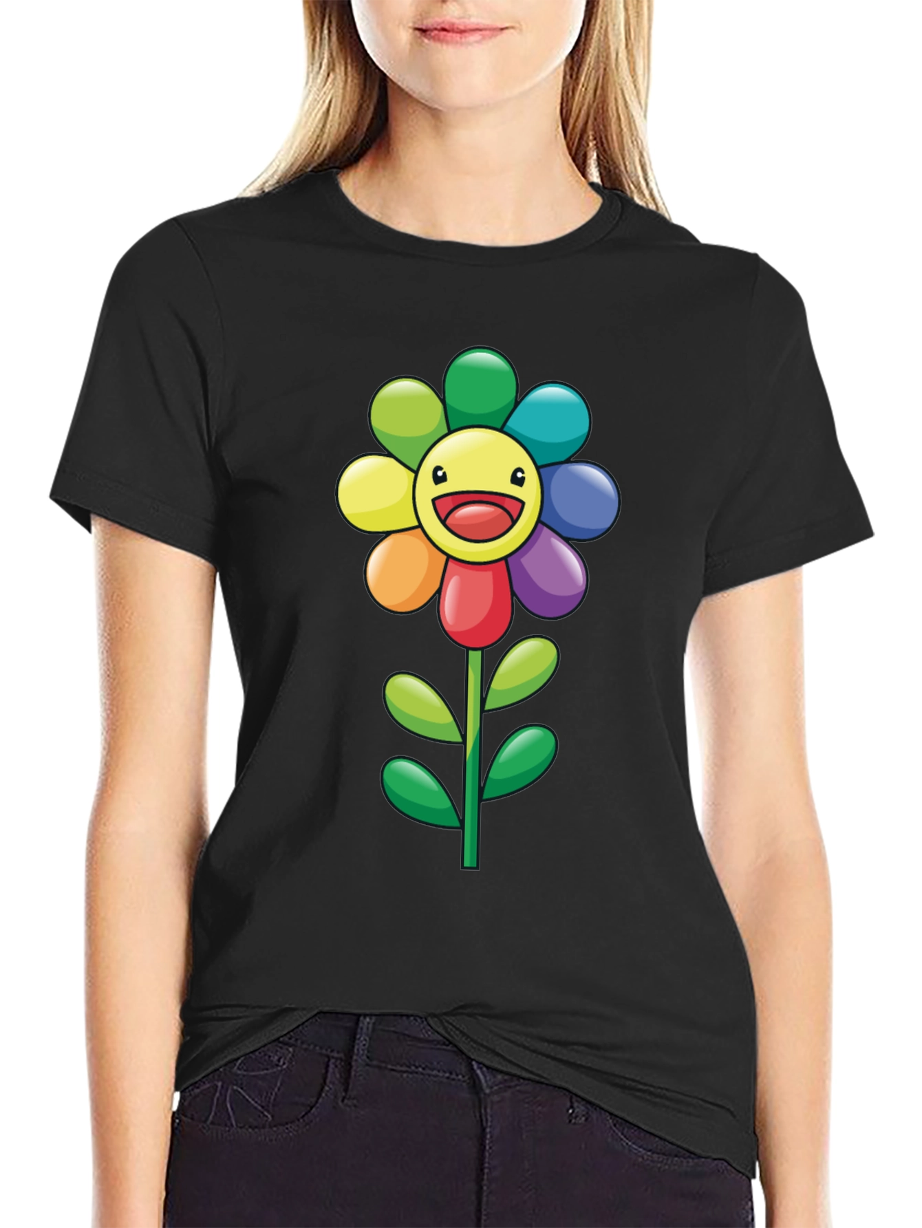 Rainbow Flower Graphic Tee - Black T-Shirt