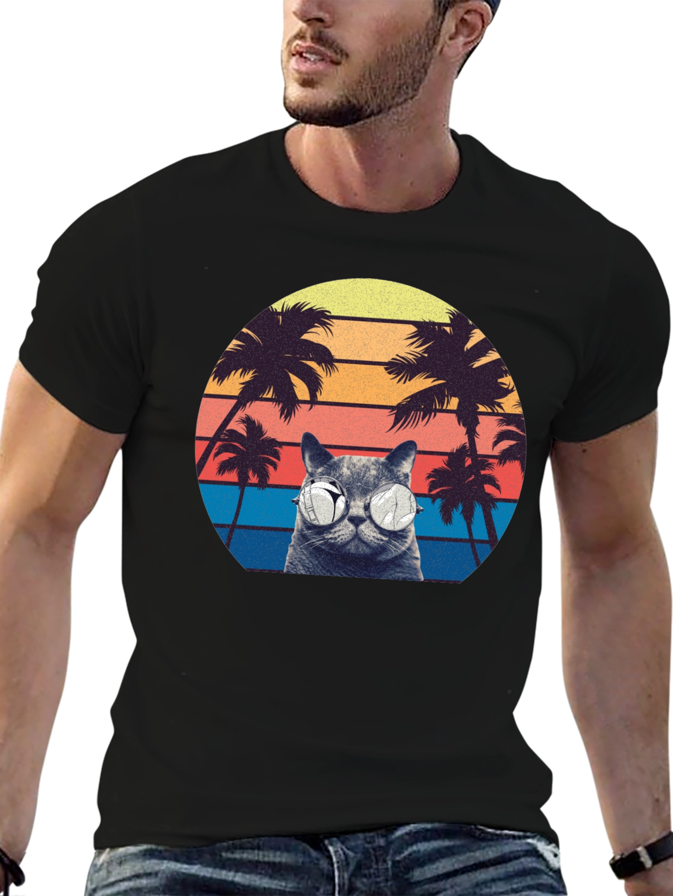 Retro Cat Palm Tree Graphic T-Shirt