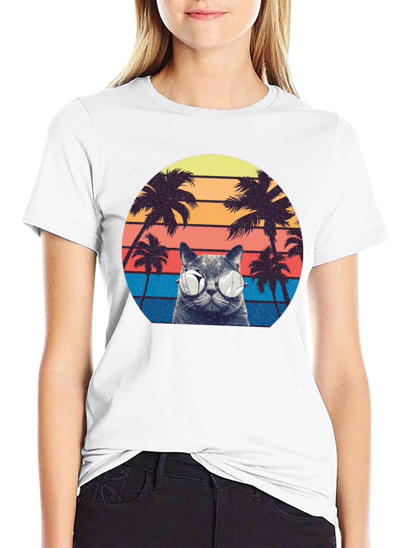 Retro Cat Palm Tree Graphic T-Shirt