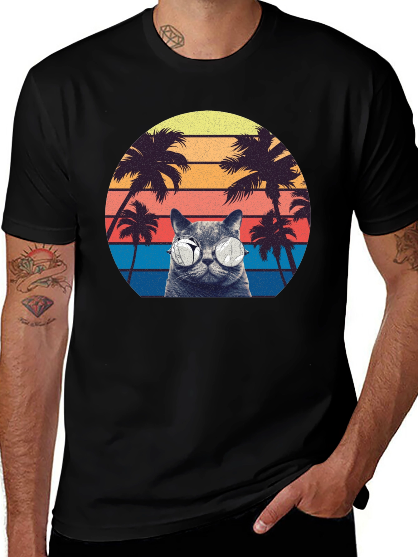 Retro Cat Palm Tree Graphic T-Shirt
