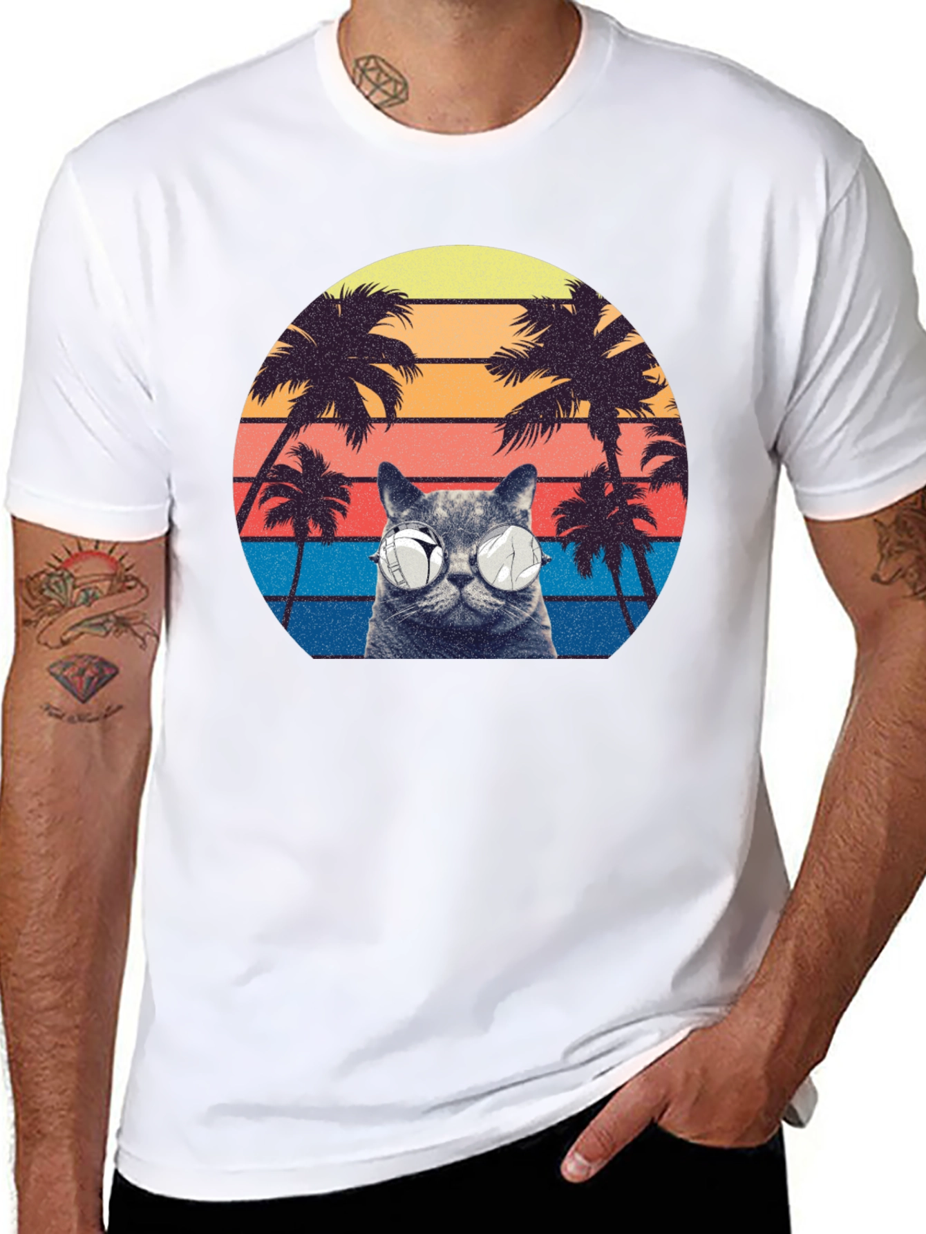 Retro Cat Palm Tree Graphic T-Shirt