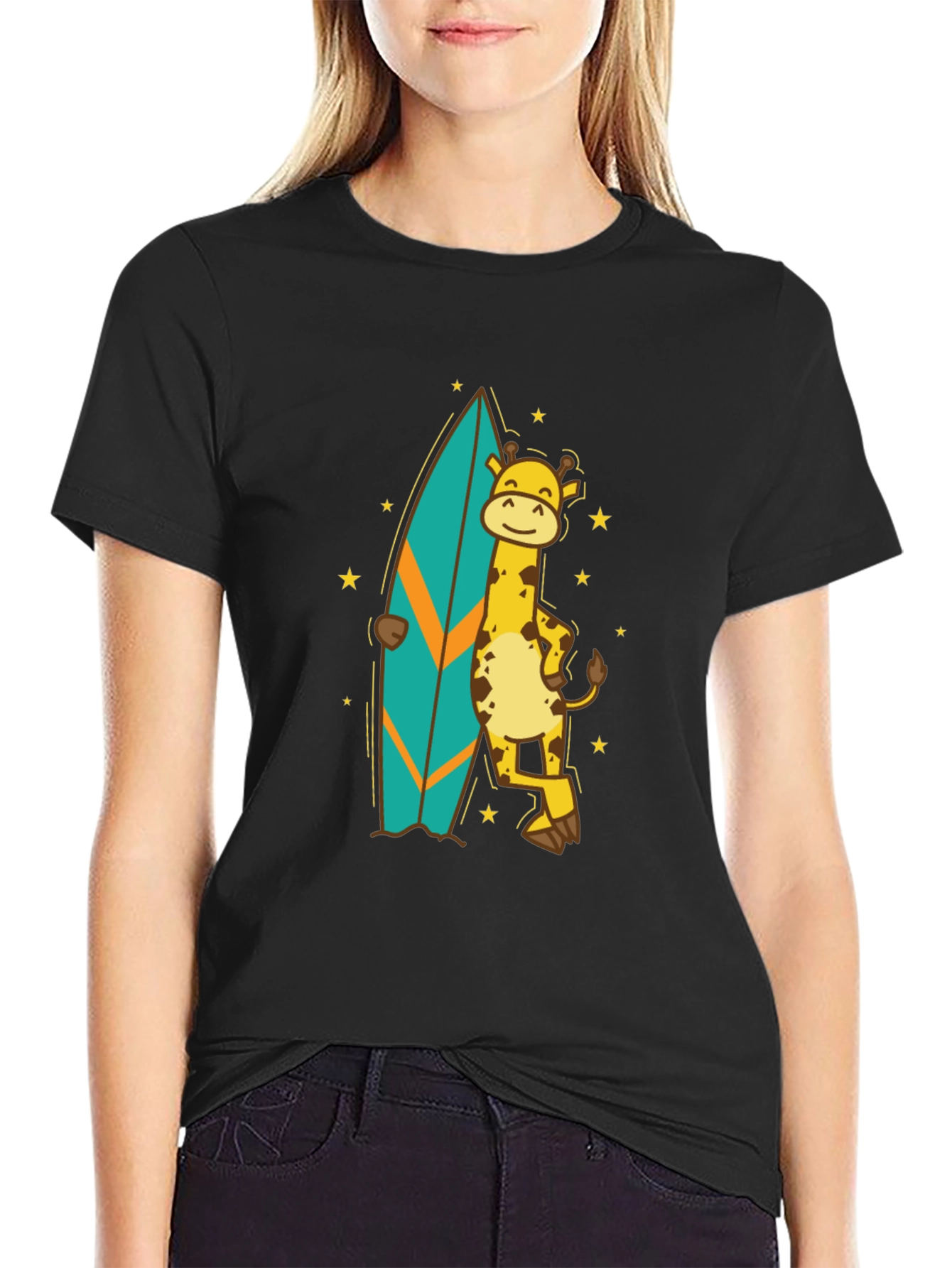 Surfing Giraffe T-Shirt - Black Cotton Tee