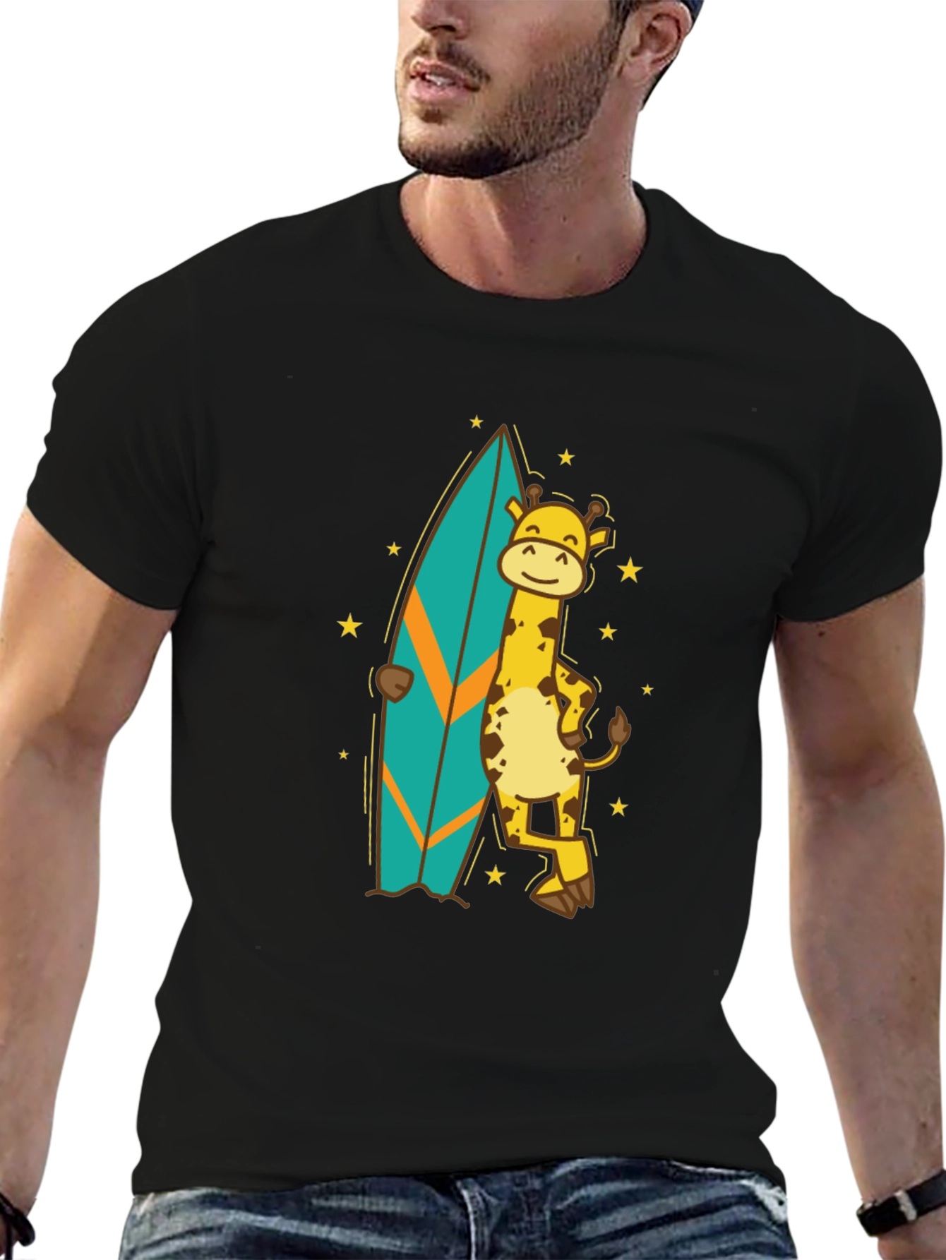Surfing Giraffe T-Shirt - Black Cotton Tee