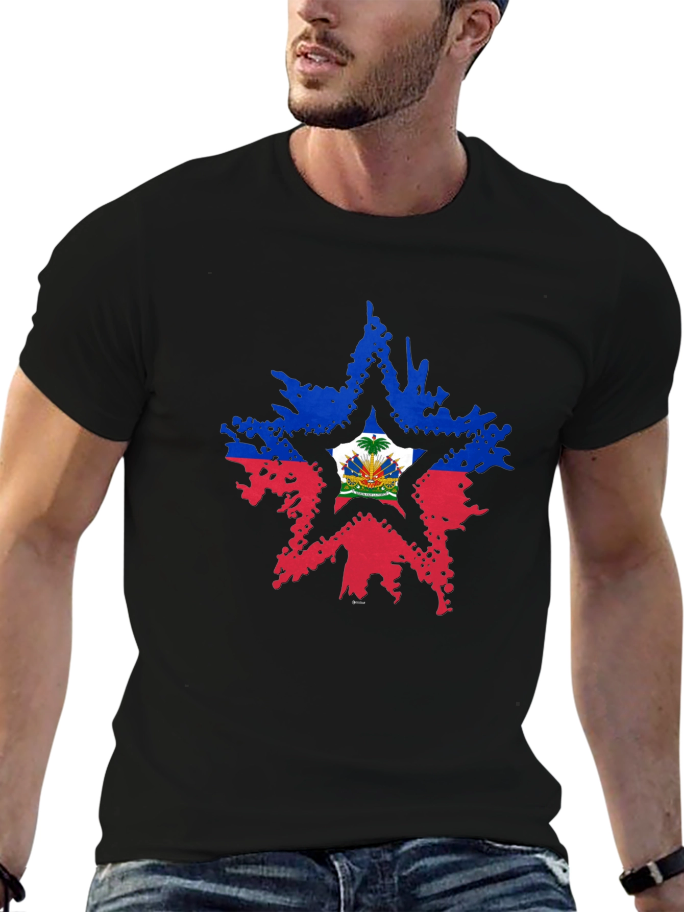 Haiti Flag Star Mens Black T-Shirt