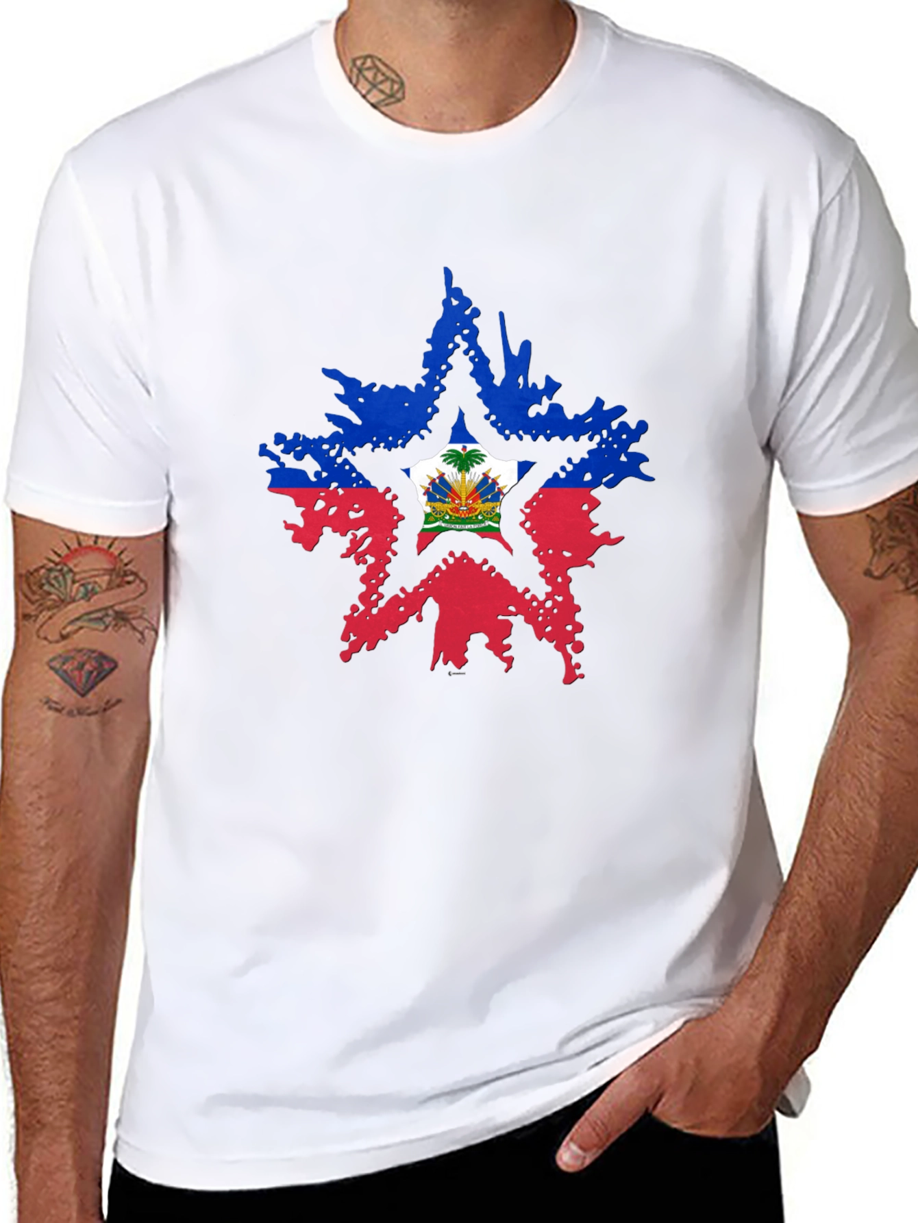 Haiti Flag Star Mens Black T-Shirt