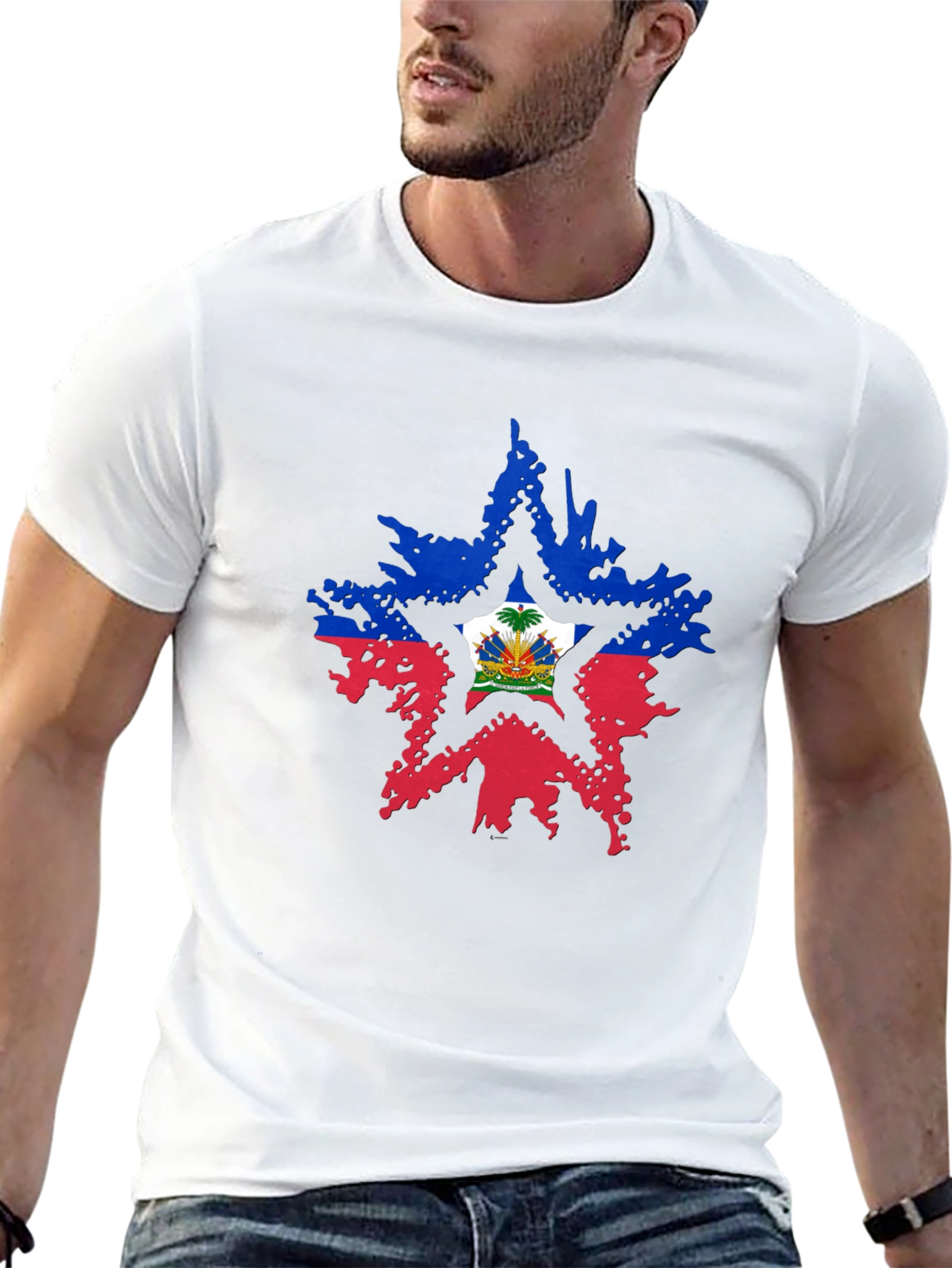 Haiti Flag Star Mens Black T-Shirt