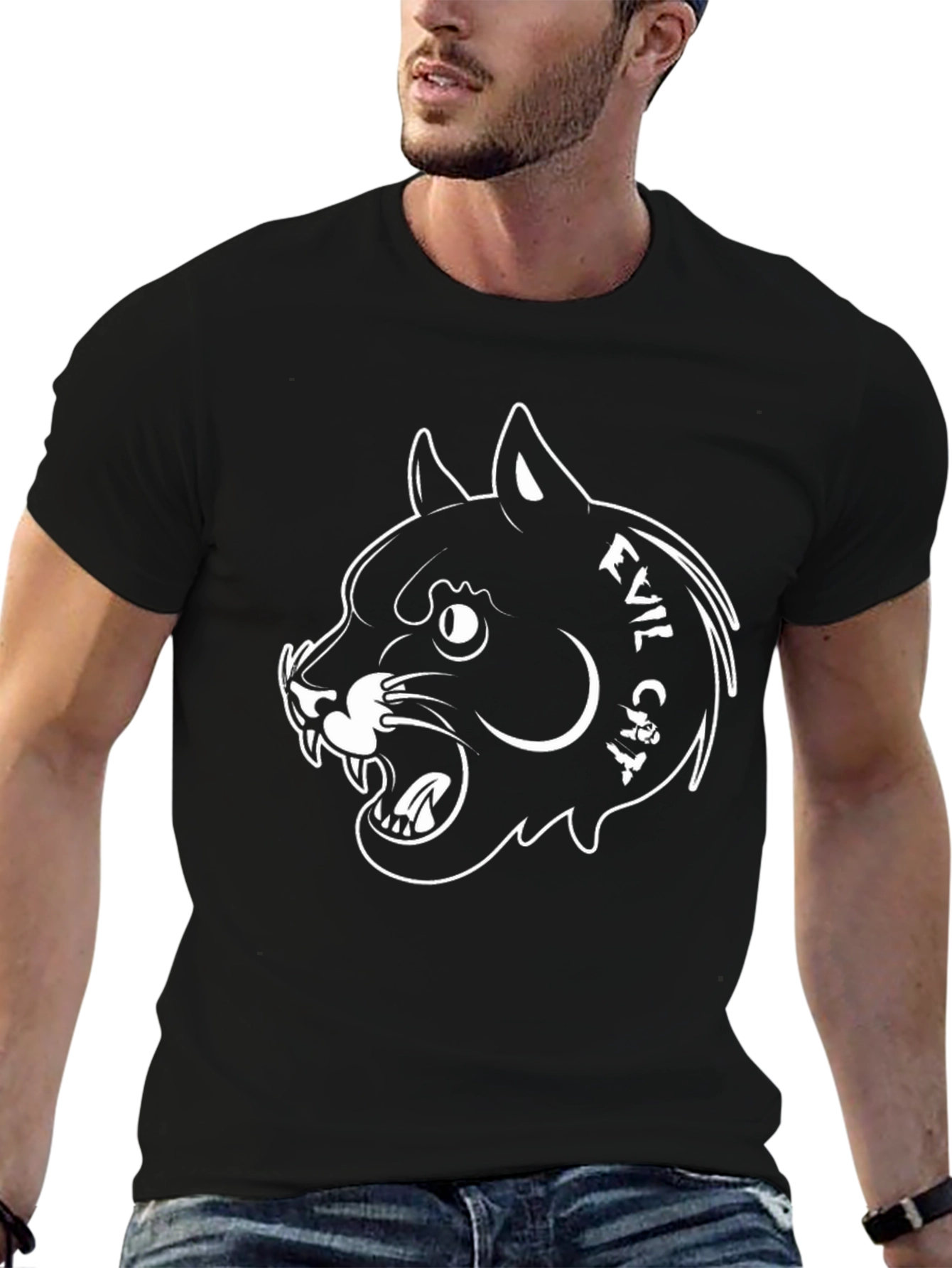 Evil Cat Graphic T-Shirt - Black Cotton Tee