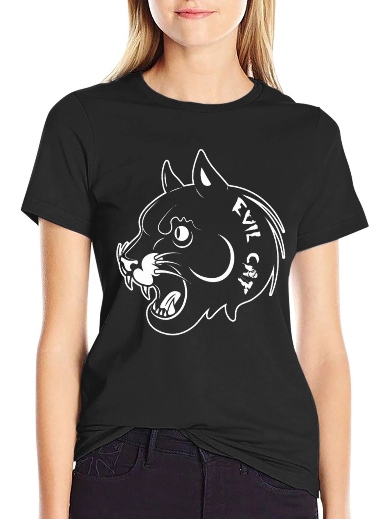 Evil Cat Graphic T-Shirt - Black Cotton Tee