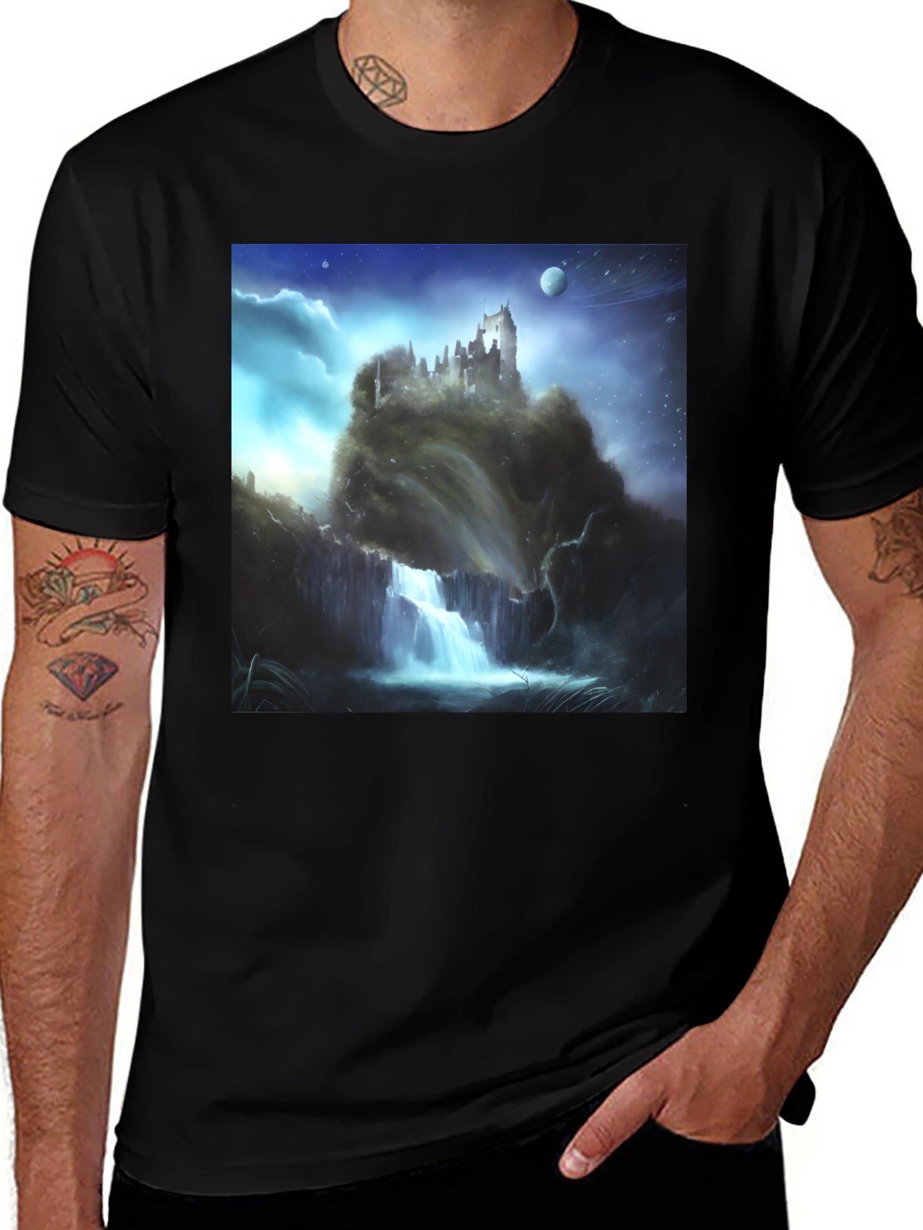 Fantasy Castle Waterfall Graphic T-Shirt