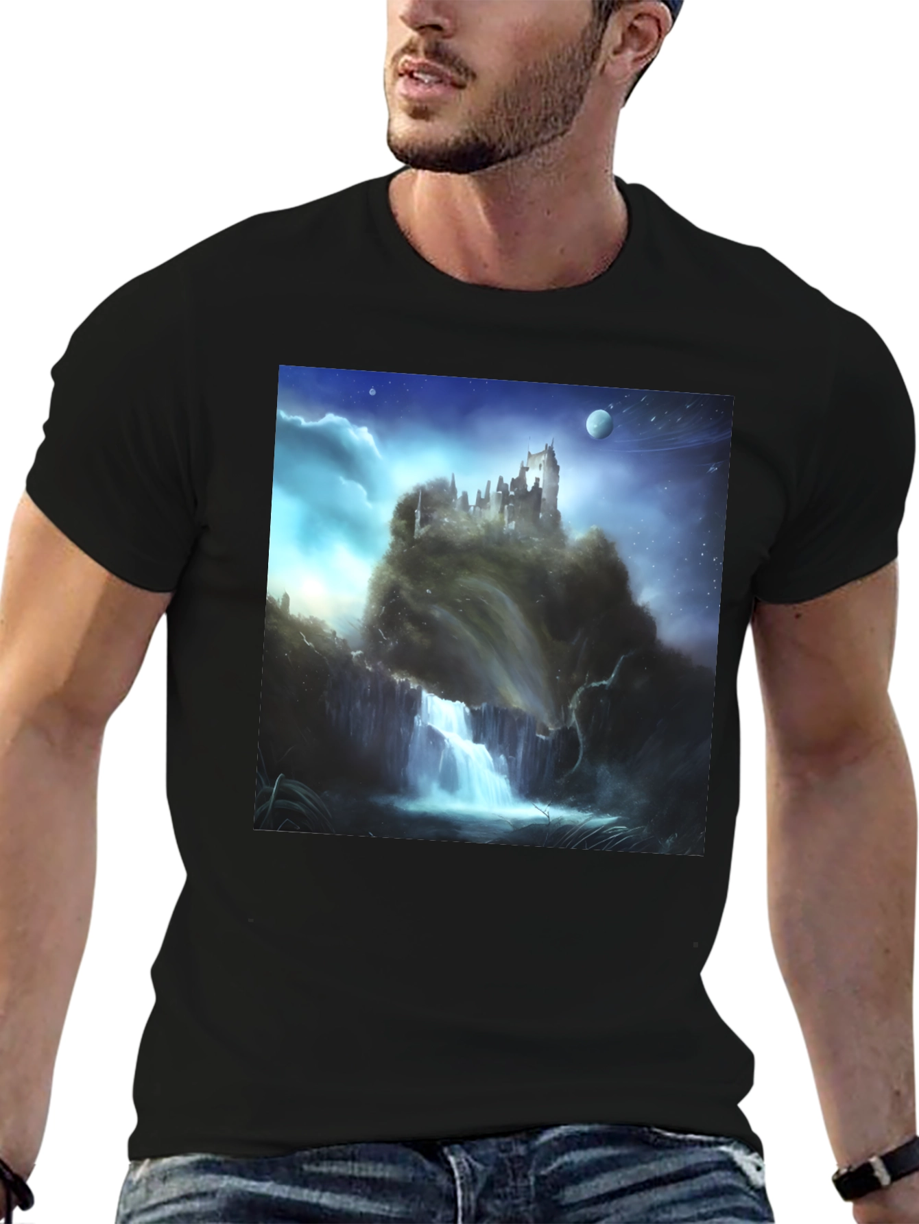 Fantasy Castle Waterfall Graphic T-Shirt