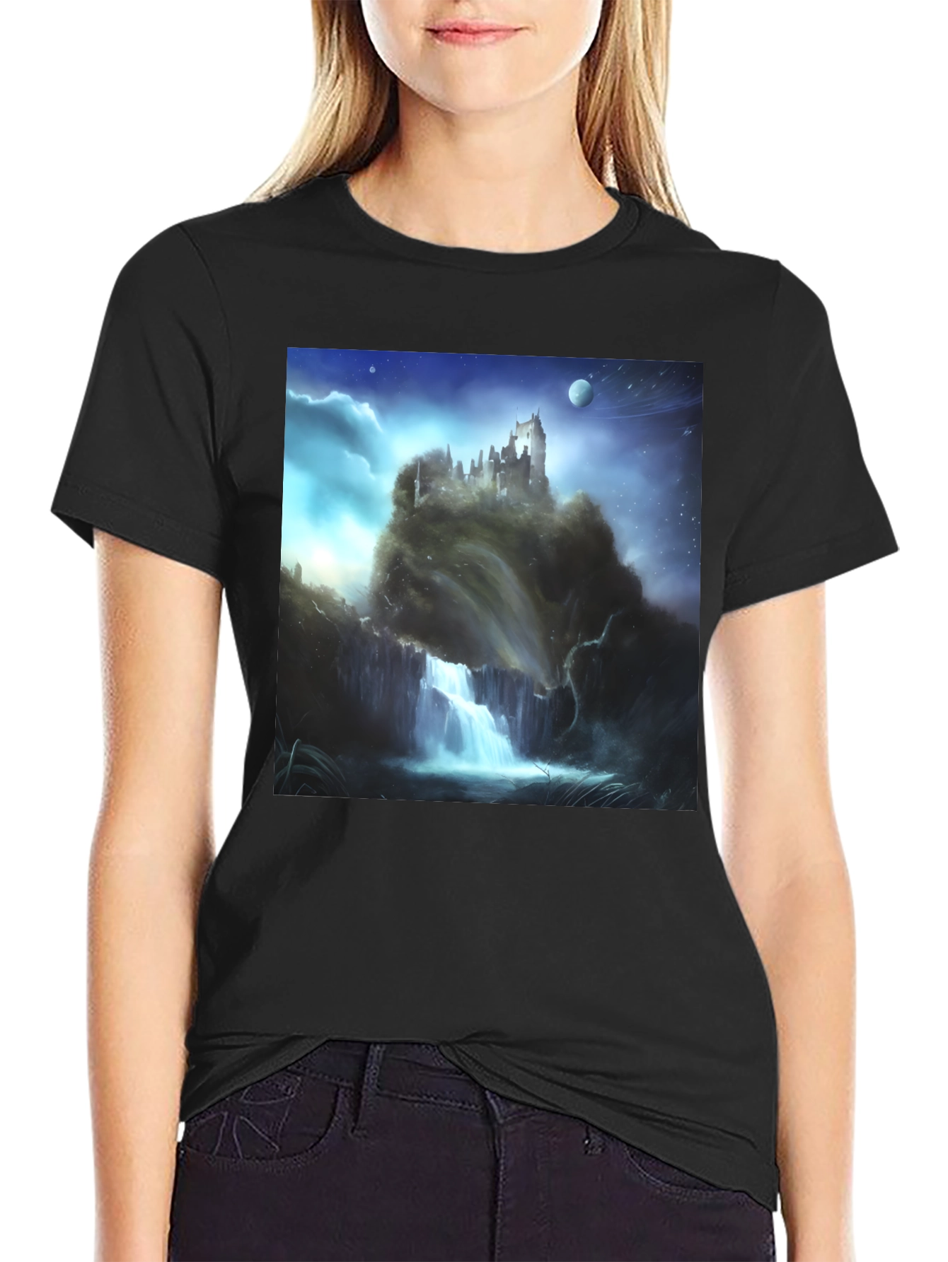Fantasy Castle Waterfall Graphic T-Shirt