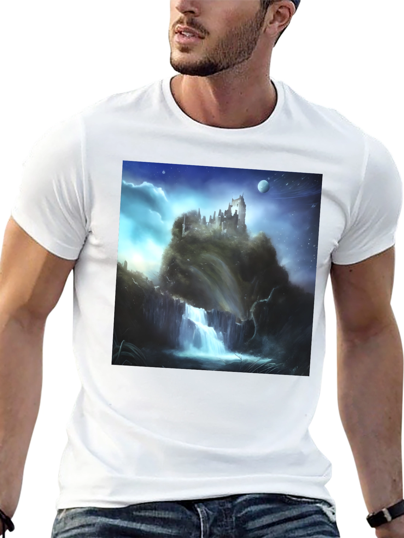Fantasy Castle Waterfall Graphic T-Shirt