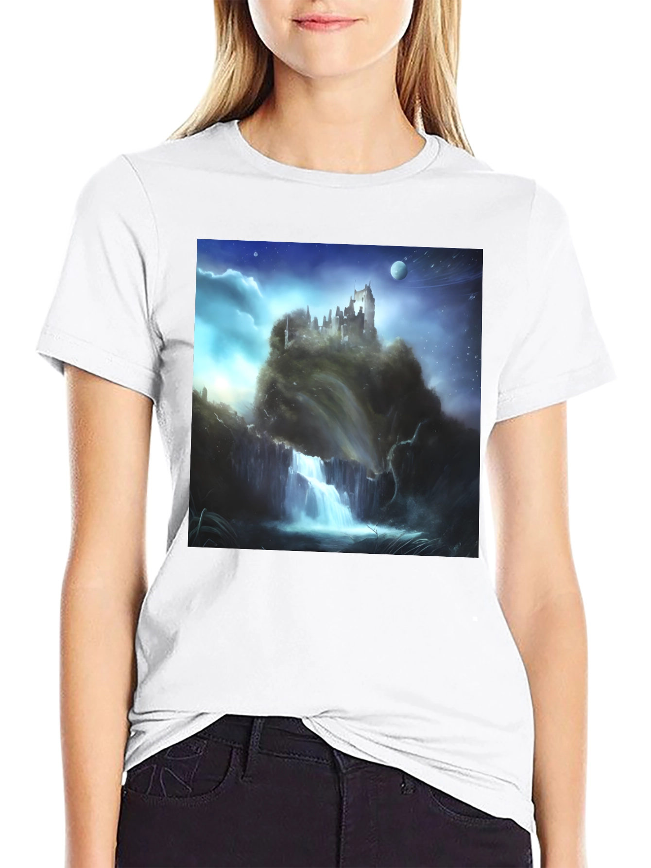 Fantasy Castle Waterfall Graphic T-Shirt