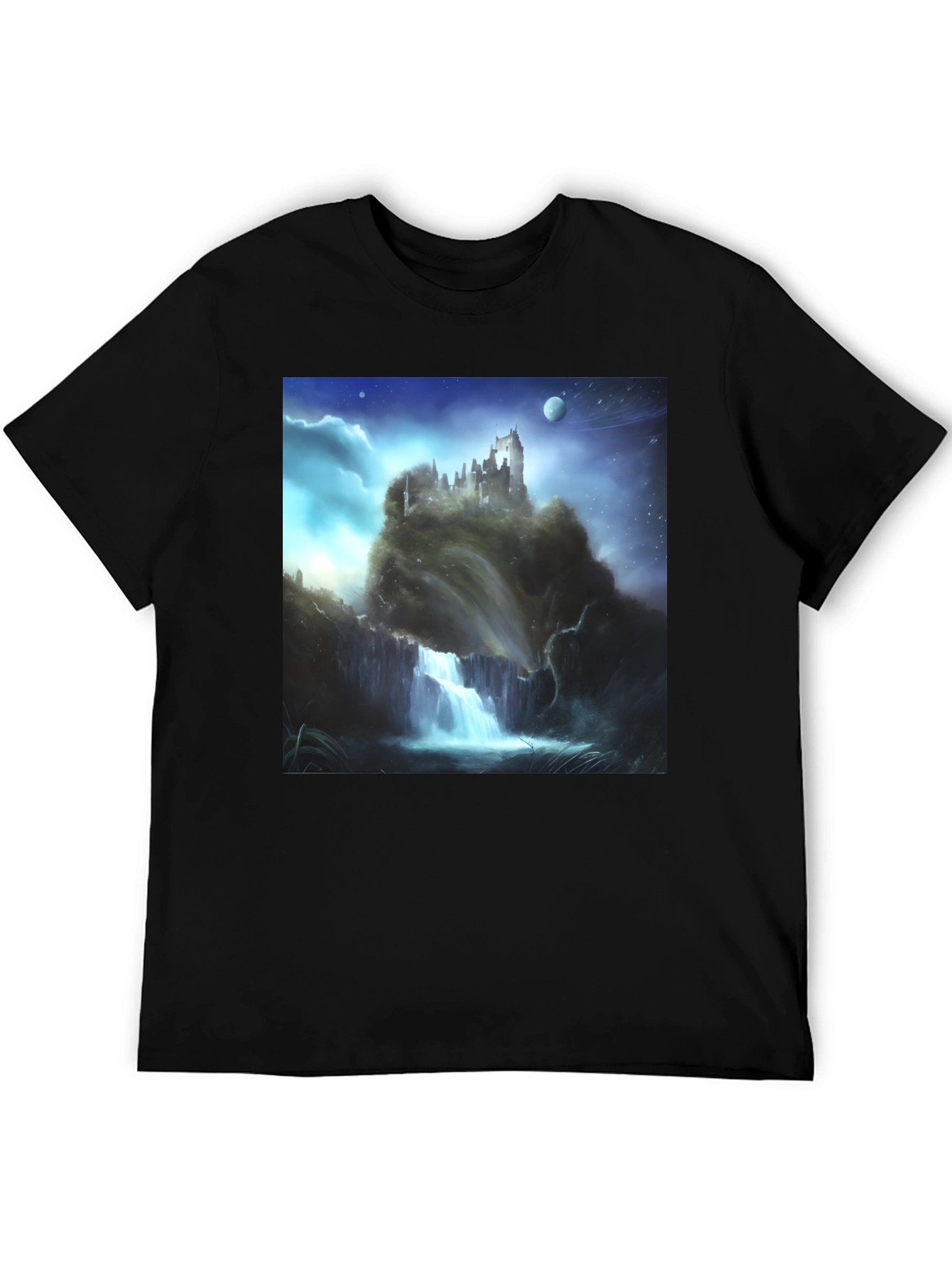 Fantasy Castle Waterfall Graphic T-Shirt