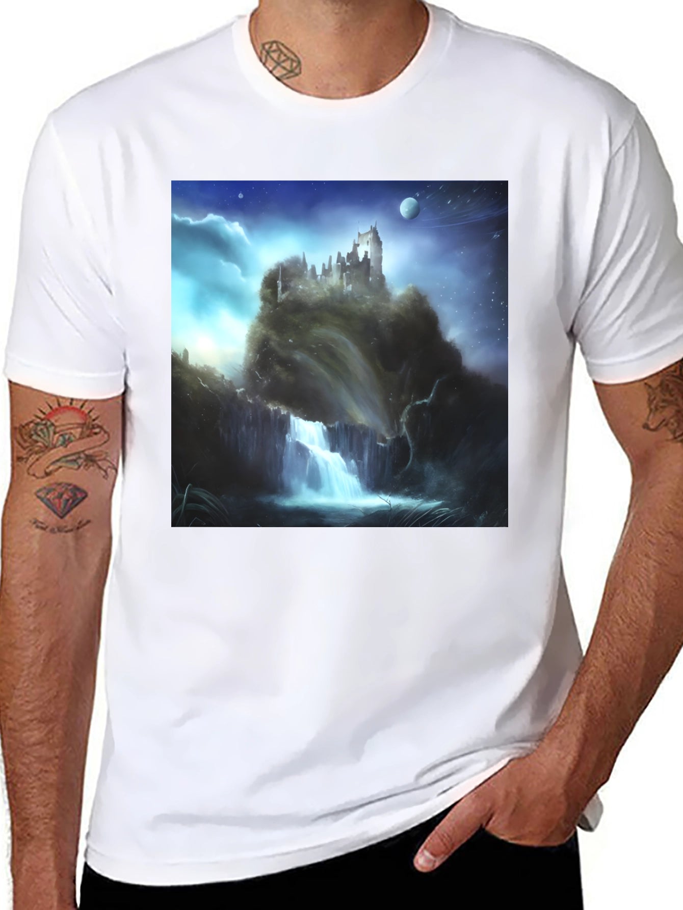 Fantasy Castle Waterfall Graphic T-Shirt
