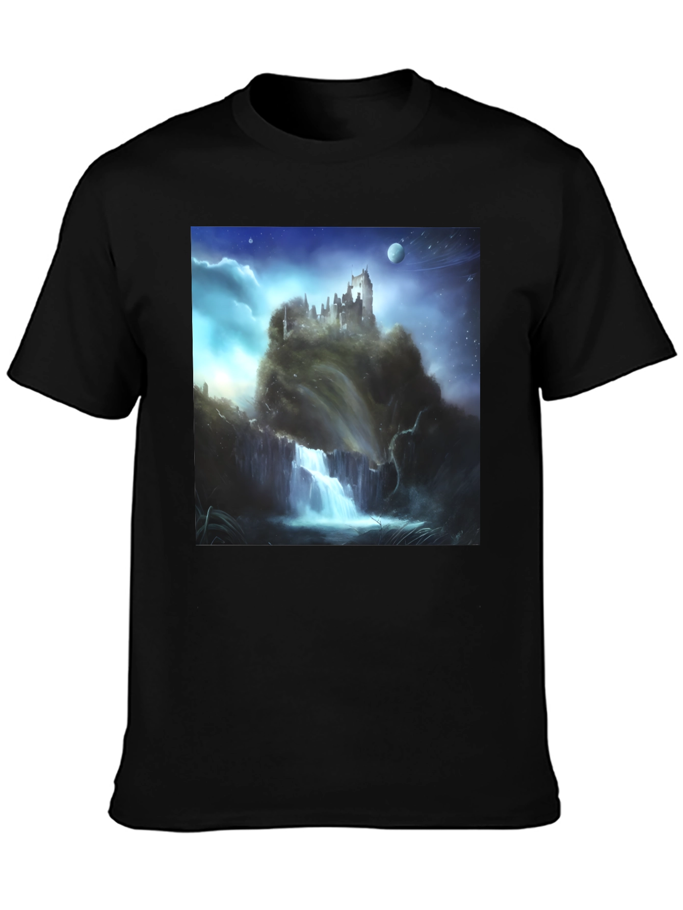 Fantasy Castle Waterfall Graphic T-Shirt
