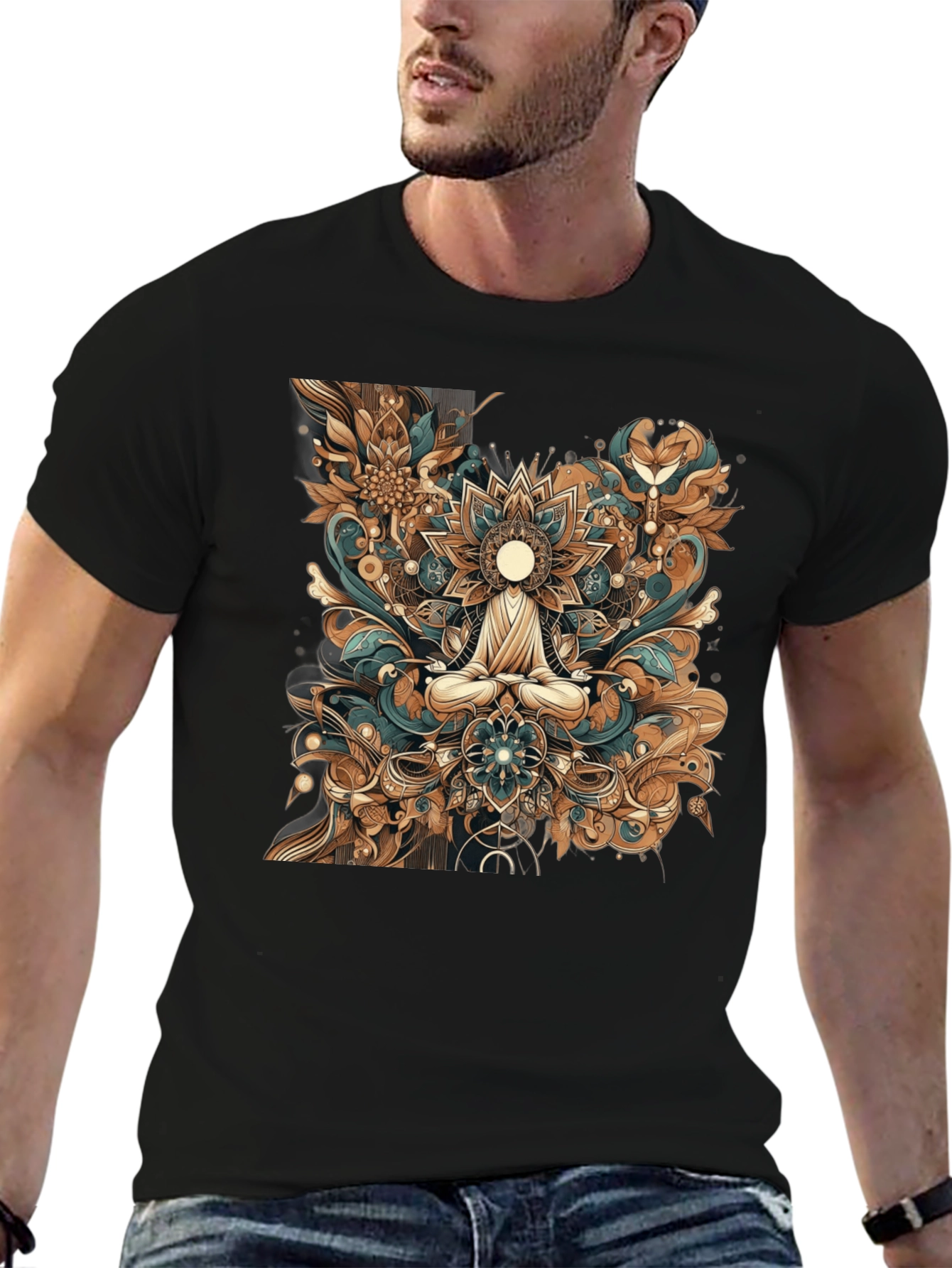 Meditative Mandala Graphic Tee - Black Cotton Comfort