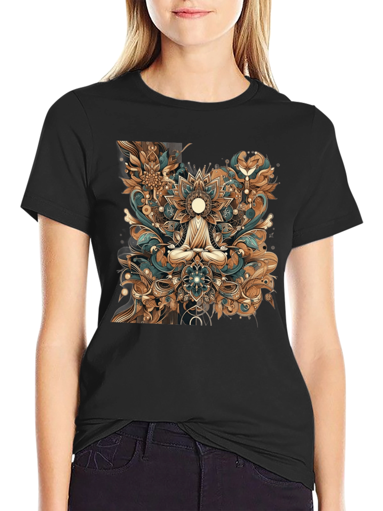 Meditative Mandala Graphic Tee - Black Cotton Comfort