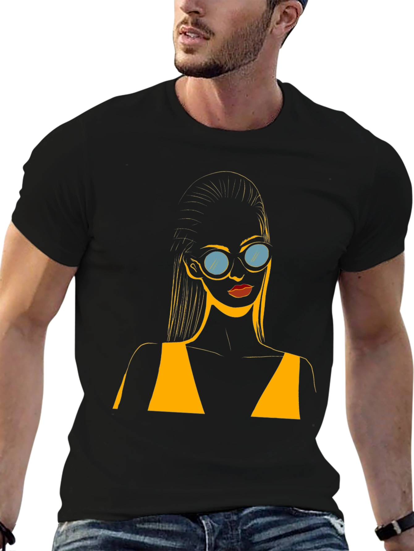 Stylish Black T-Shirt with Retro Sunglasses Girl Design