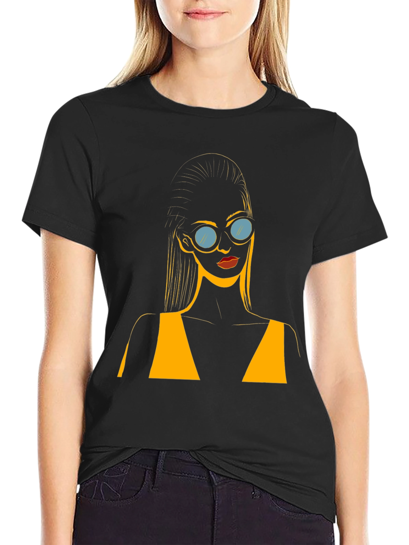 Stylish Black T-Shirt with Retro Sunglasses Girl Design