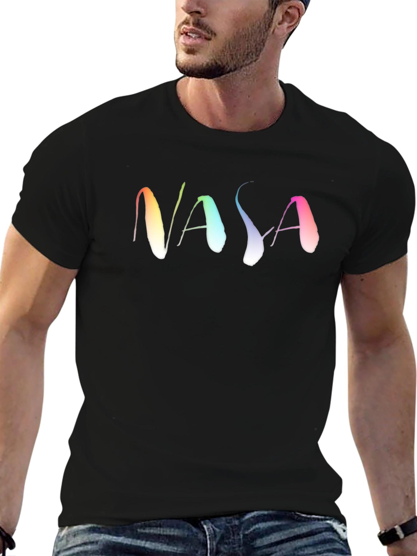 NASA Rainbow Text Black T-Shirt