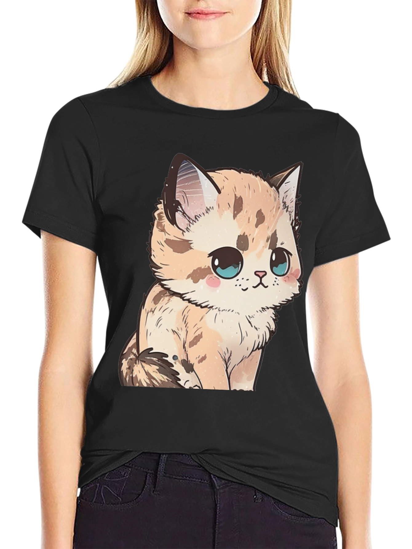 Cute Kitten Graphic Tee - Soft Black Cotton Shirt
