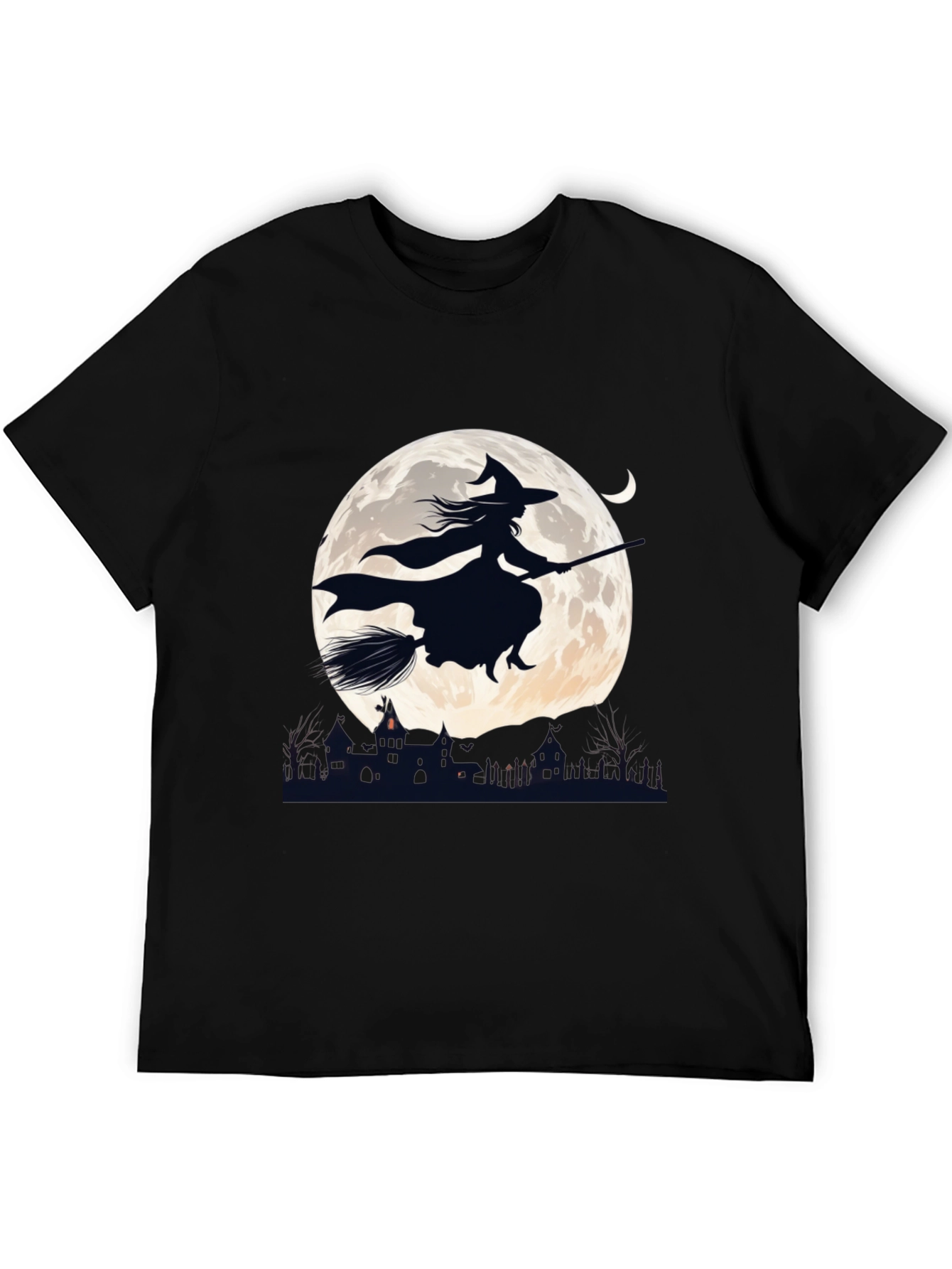 Witch on Broomstick T-Shirt - Halloween Moon Design