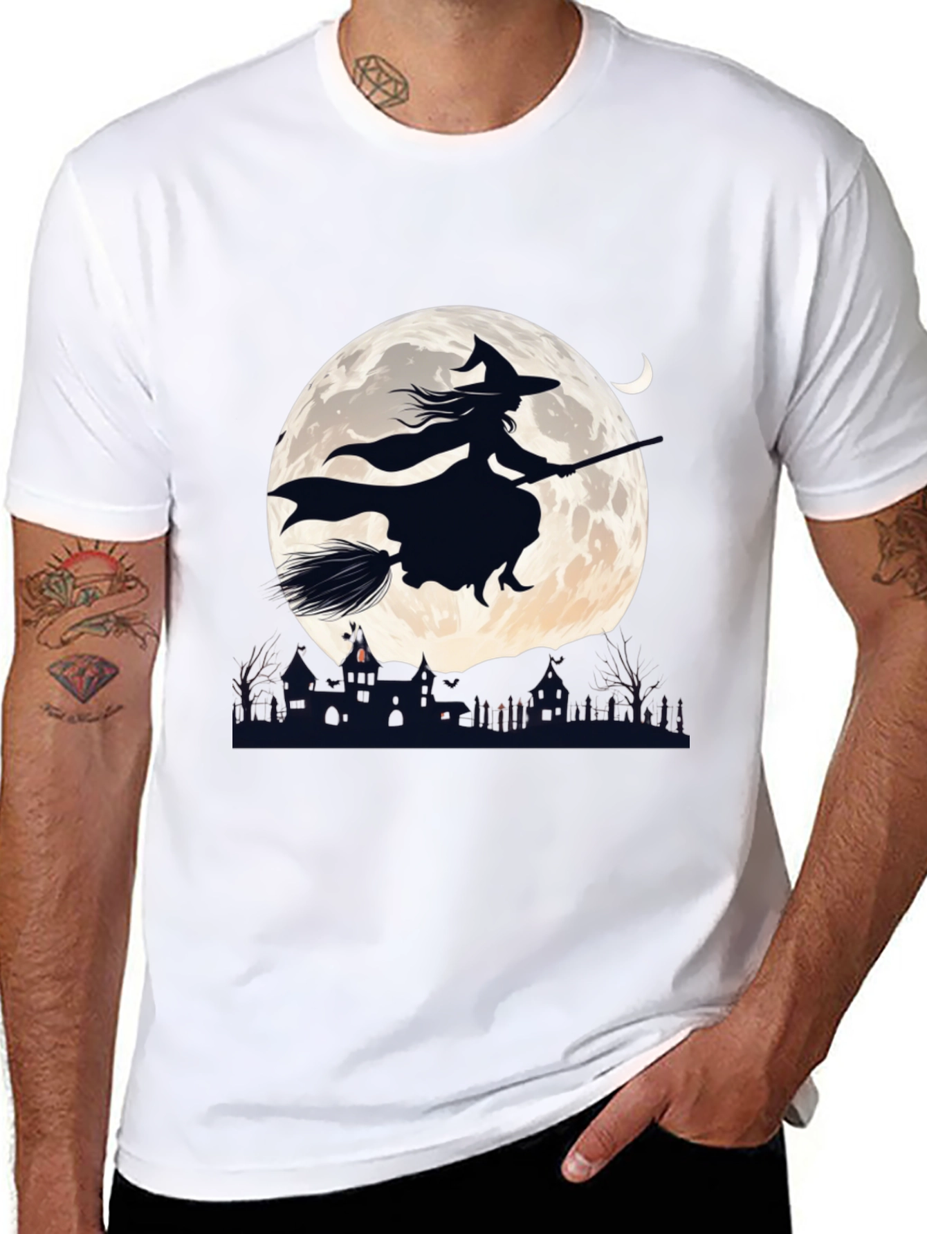 Witch on Broomstick T-Shirt - Halloween Moon Design
