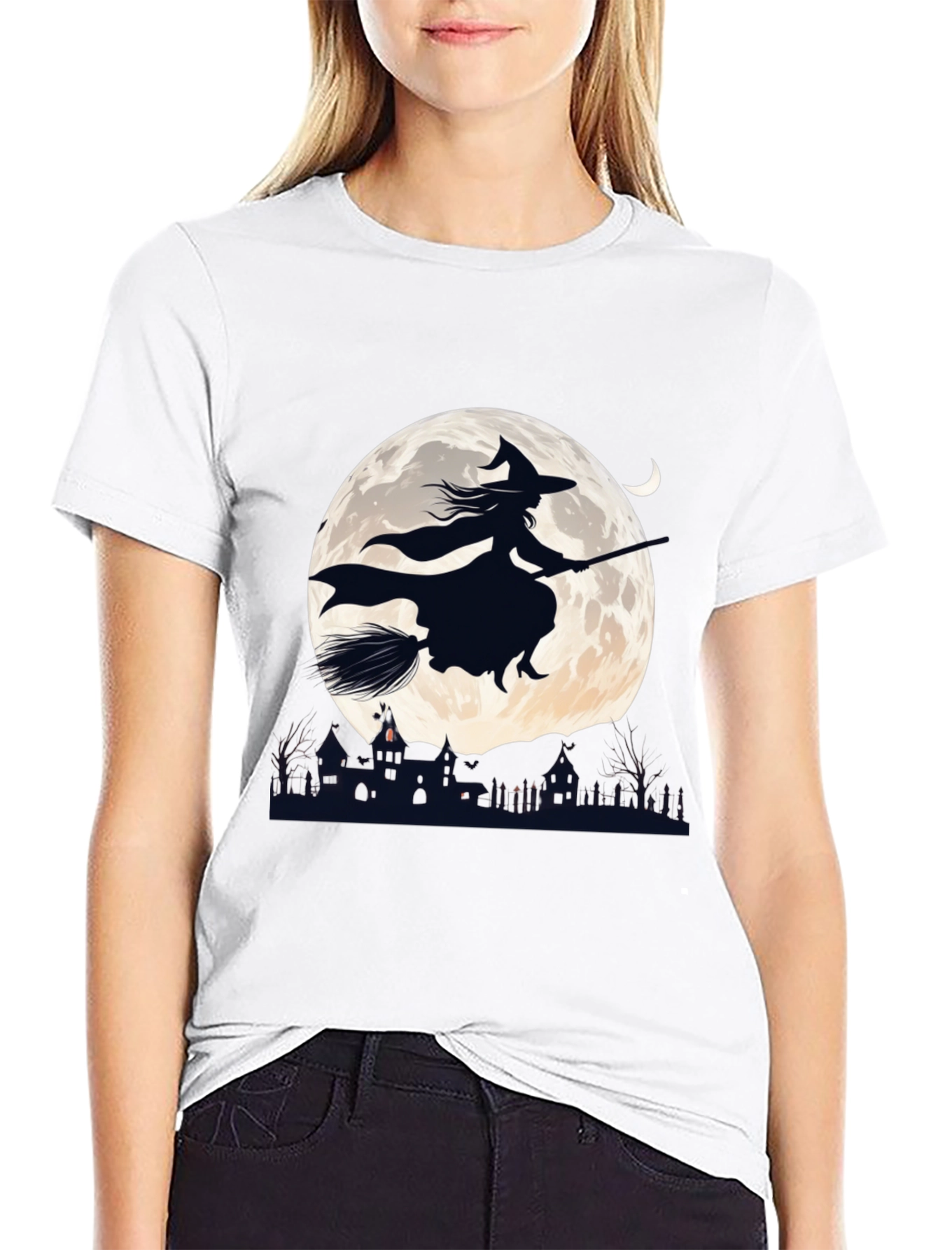 Witch on Broomstick T-Shirt - Halloween Moon Design