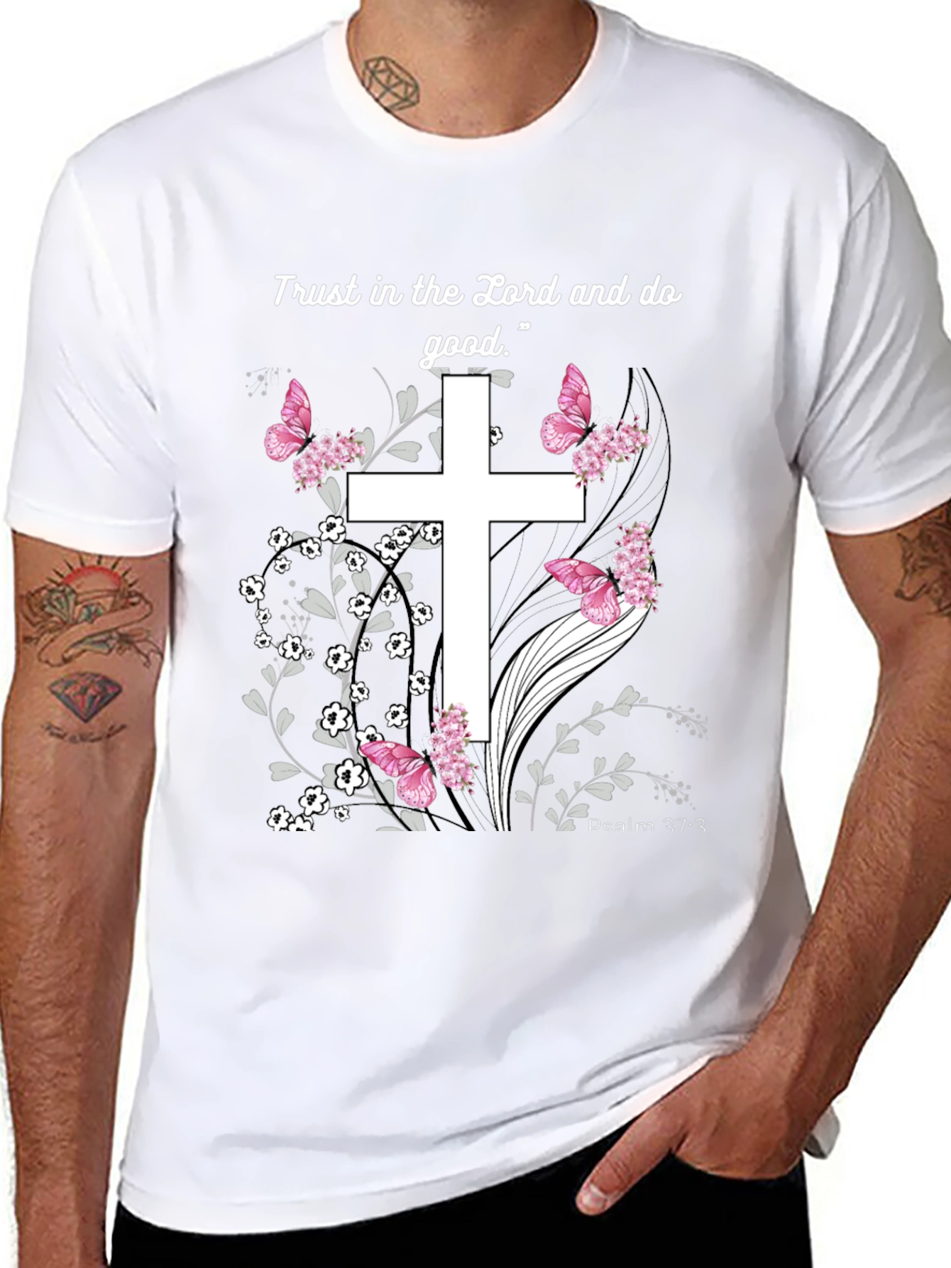 Faithful Trust T-Shirt: Cross Butterflies Psalm 37:3