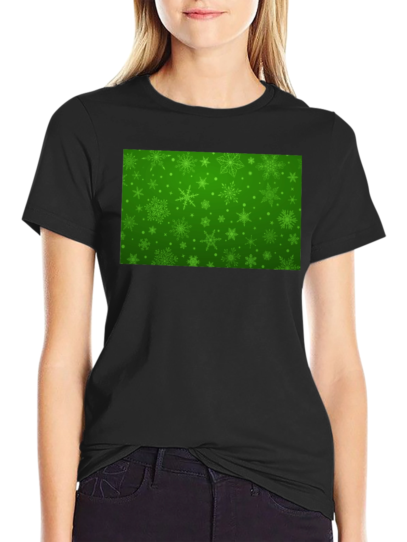 Festive Green Snowflake Pattern T-Shirt